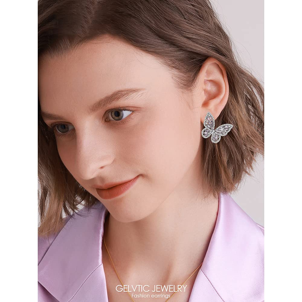 Sparkling Rhinestone Butterfly Bow Earrings for Women - Gold Crystal CZ Drop Dangle Earrings | Hypoallergenic Sterling Silver Cubic Zirconia Studs | Perfect for Valentine's Day, Prom, Wedding & Bridal Jewelry Gifts