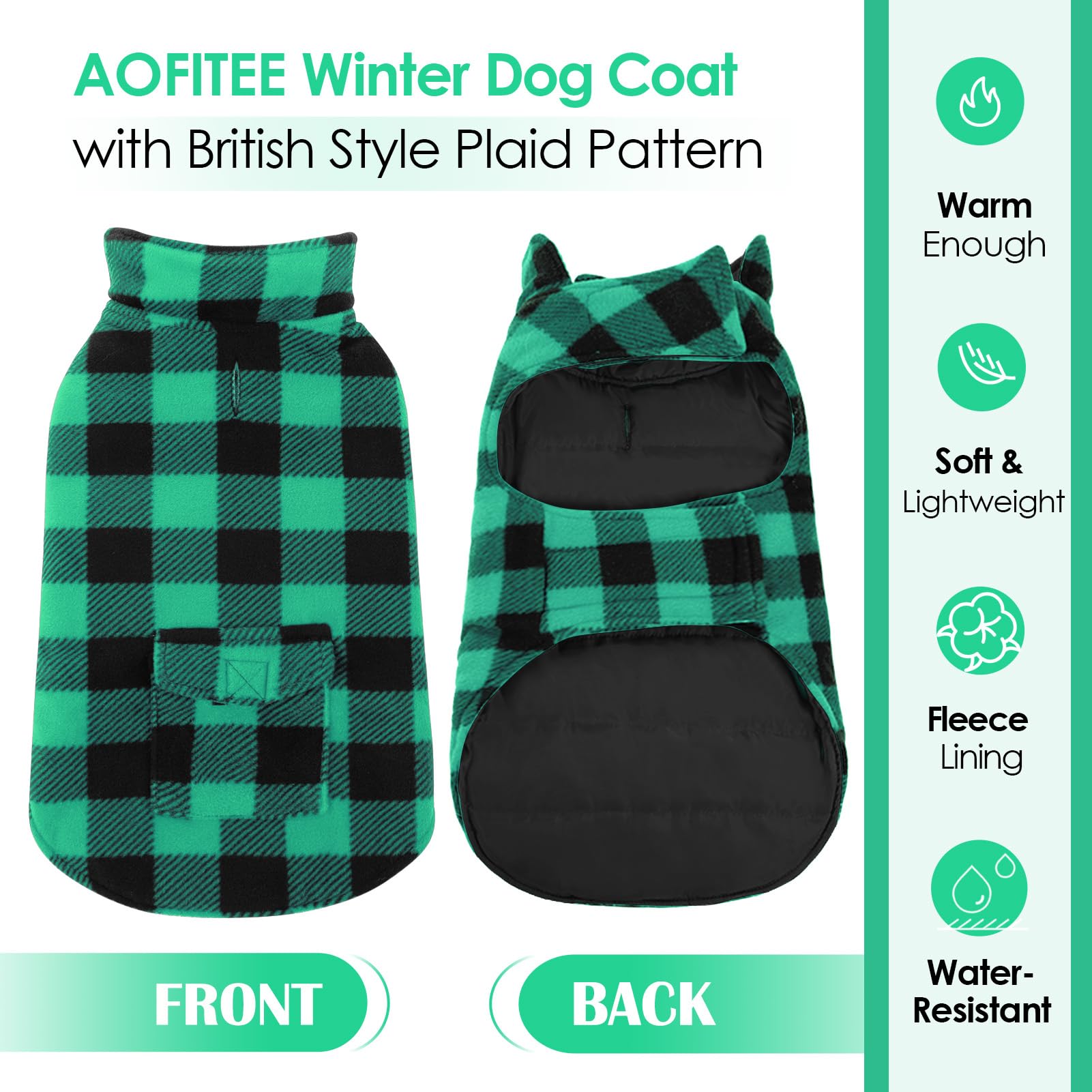 AOFITEE Plaid Dog Winter Coat - Warm Reversible Puffer Jacket for Small, Medium & Large Dogs | Waterproof Cold Weather Dog Sweater | Perfect for Outdoor Walks, Winter Adventures & Daily Wear