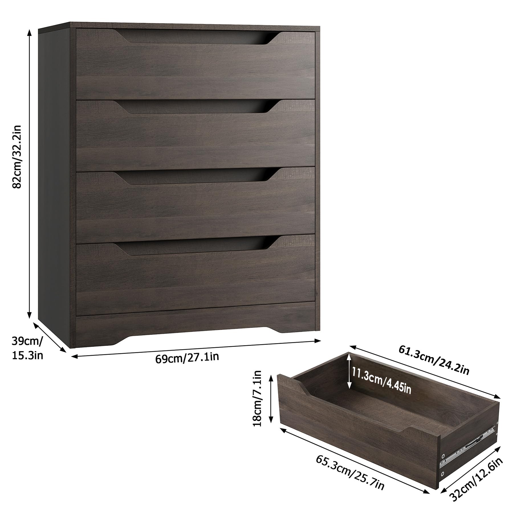 HOSTACK 4-Drawer White Dresser with Cut-Out Handles - Farmhouse Style Wooden Chest of Drawers for Bedroom & Living Room - Dark Brown Makeup Organizer & Home Office Storage Solution