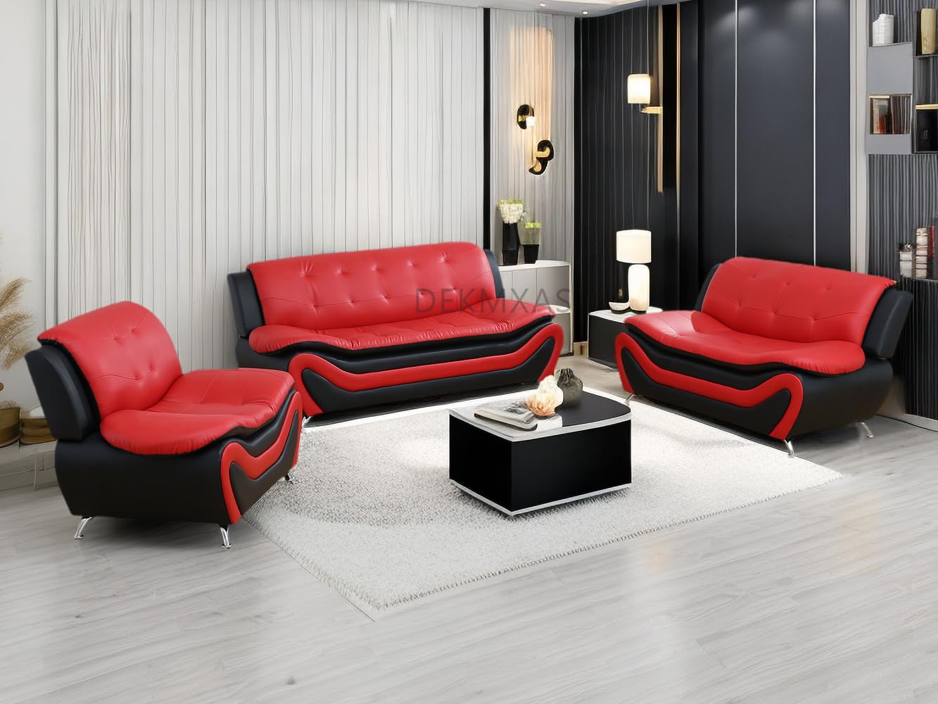 Premium Genuine Leather Couches for Living Room - 3-Piece Sofa Set (Sofa, Loveseat & Chair) in Black & Red - Modern Apartment & Bedroom Furniture for Comfortable Lounging & Entertaining