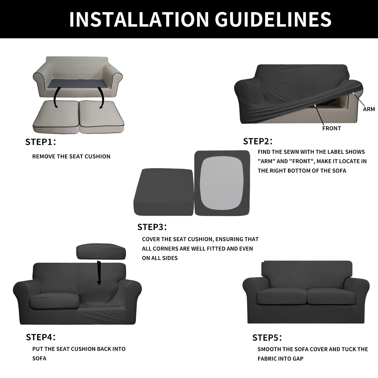 Stretch Fleece Sofa Cover for Pets & Kids - Oversized 3-Piece Washable Loveseat Slipcover - Elastic Furniture Protector for 2-Cushion Couches (Dark Gray) | Perfect for Pet Owners, Families with Children & Home Protection