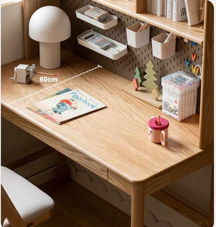 Solid Oak Wood Adjustable Height Kids Study Desk with Bookshelf - Perfect for Homework, Reading & Organizing in Bedroom or Playroom