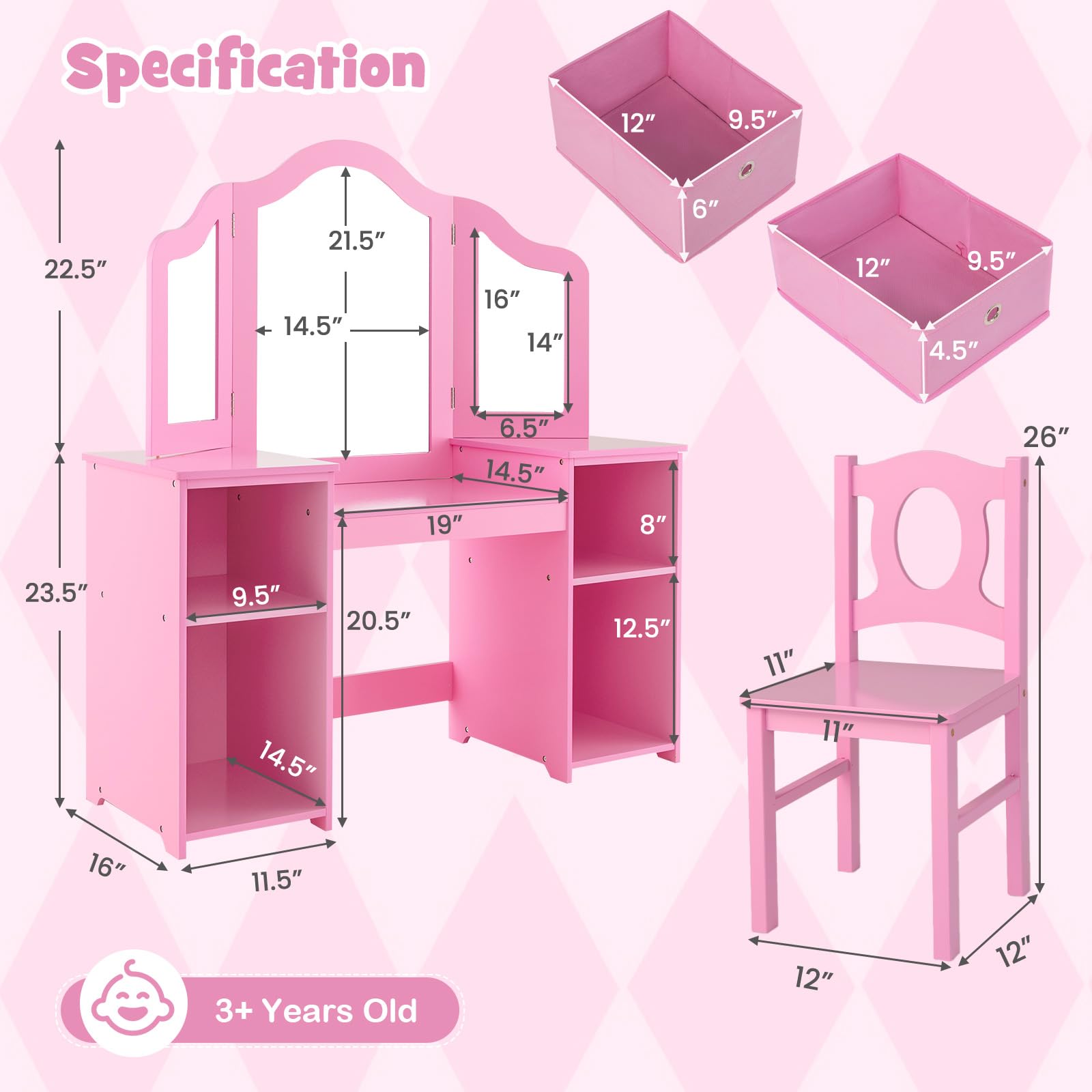 INFANS Kids Vanity Set - 2-in-1 Princess Makeup Desk & Chair with 4 Drawers, Tri-Folding Mirror & Large Storage | Wooden Dressing Table for Toddler Girls | Perfect for Pretend Play, Birthday Gifts & Bedroom Decor