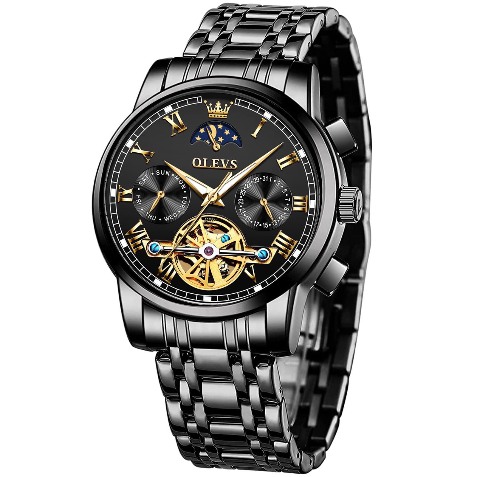 OLEVS Men's Automatic Skeleton Tourbillon Watch - Stainless Steel Mechanical Wristwatch with Day/Date, Waterproof & Luminous Roman Numerals (Blue/Green/Black Dial) | Perfect for Business, Formal Events & Everyday Wear