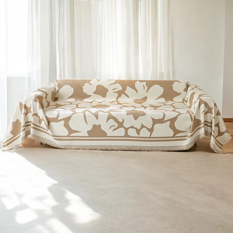 Eloise Floral Chenille Sofa Cover with Tassels - Soft Stretch Couch Slipcover for Living Room, Bedroom, and Home Decor