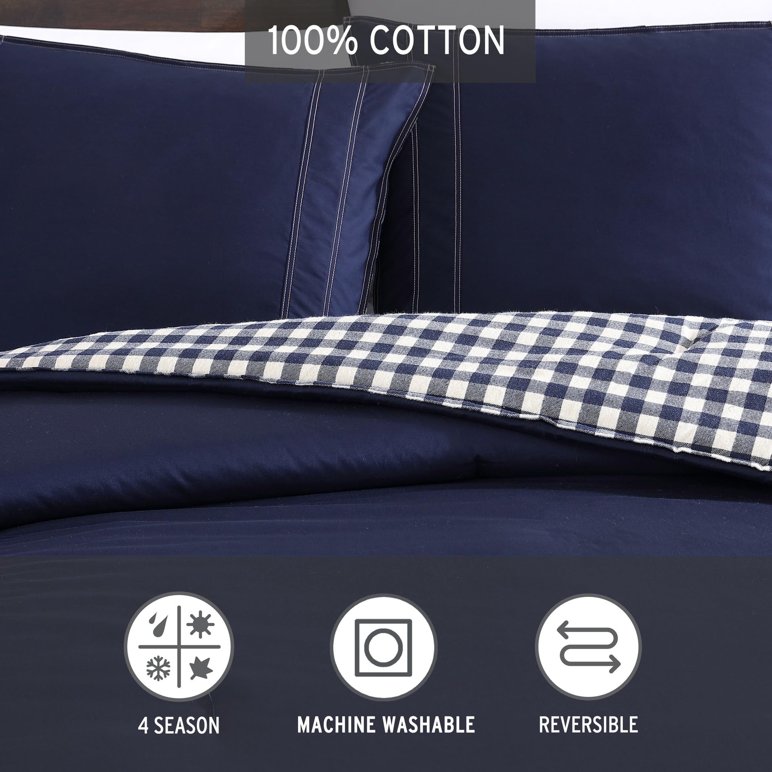 Eddie Bauer Reversible Queen Comforter Set - 100% Cotton Bedding with Matching Shams, Pre-Washed for Ultra Softness (Kingston Navy) | Cozy Home Decor for Bedroom & Guest Room