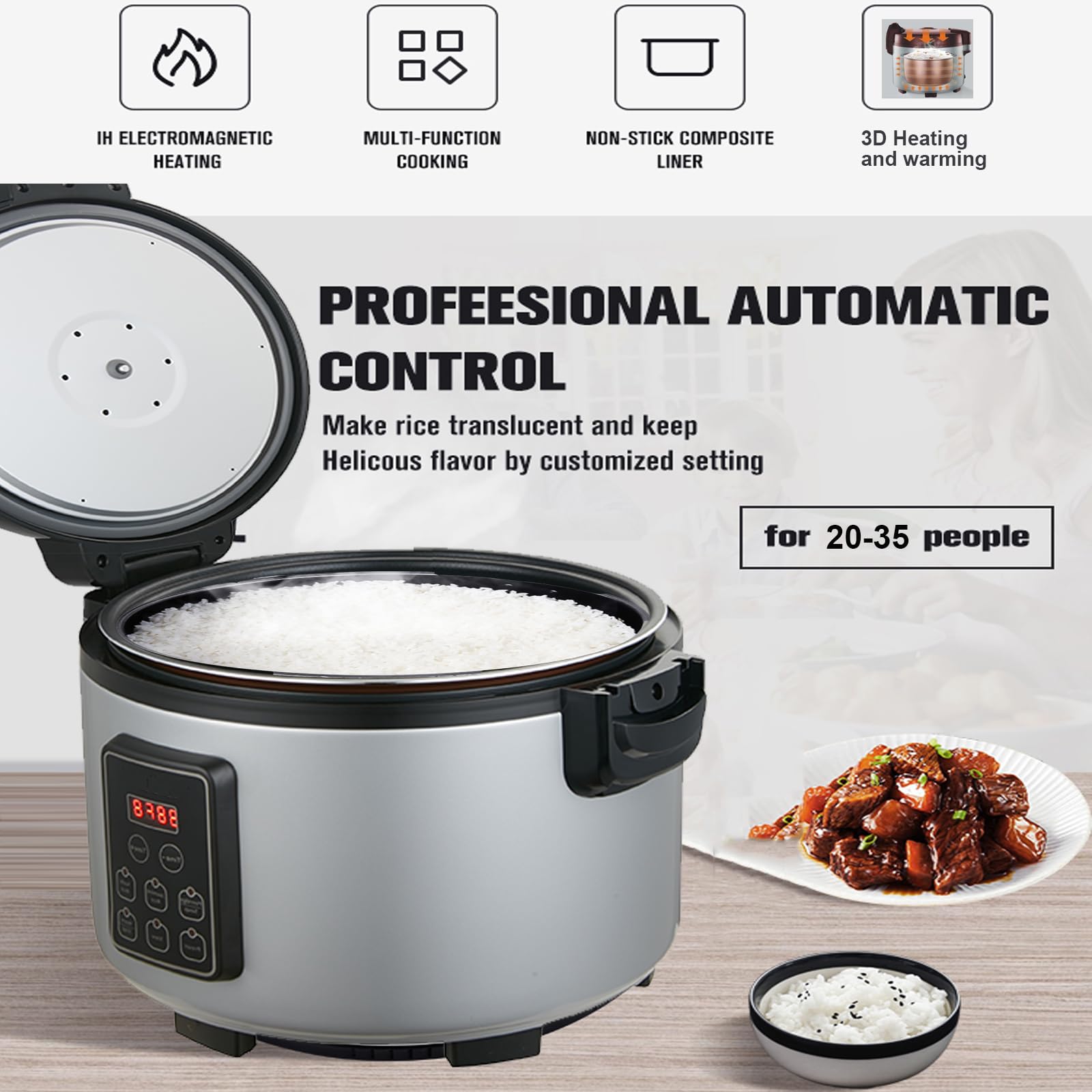 Commercial 60-Cup (Cooked) Rice Cooker & Food Warmer - 13L/13.8Qt Extra Large Capacity, 1350W Fast Cooking with Digital Timer & Preset Functions - Perfect for Restaurants, Catering, Cafeterias & Large Family Gatherings