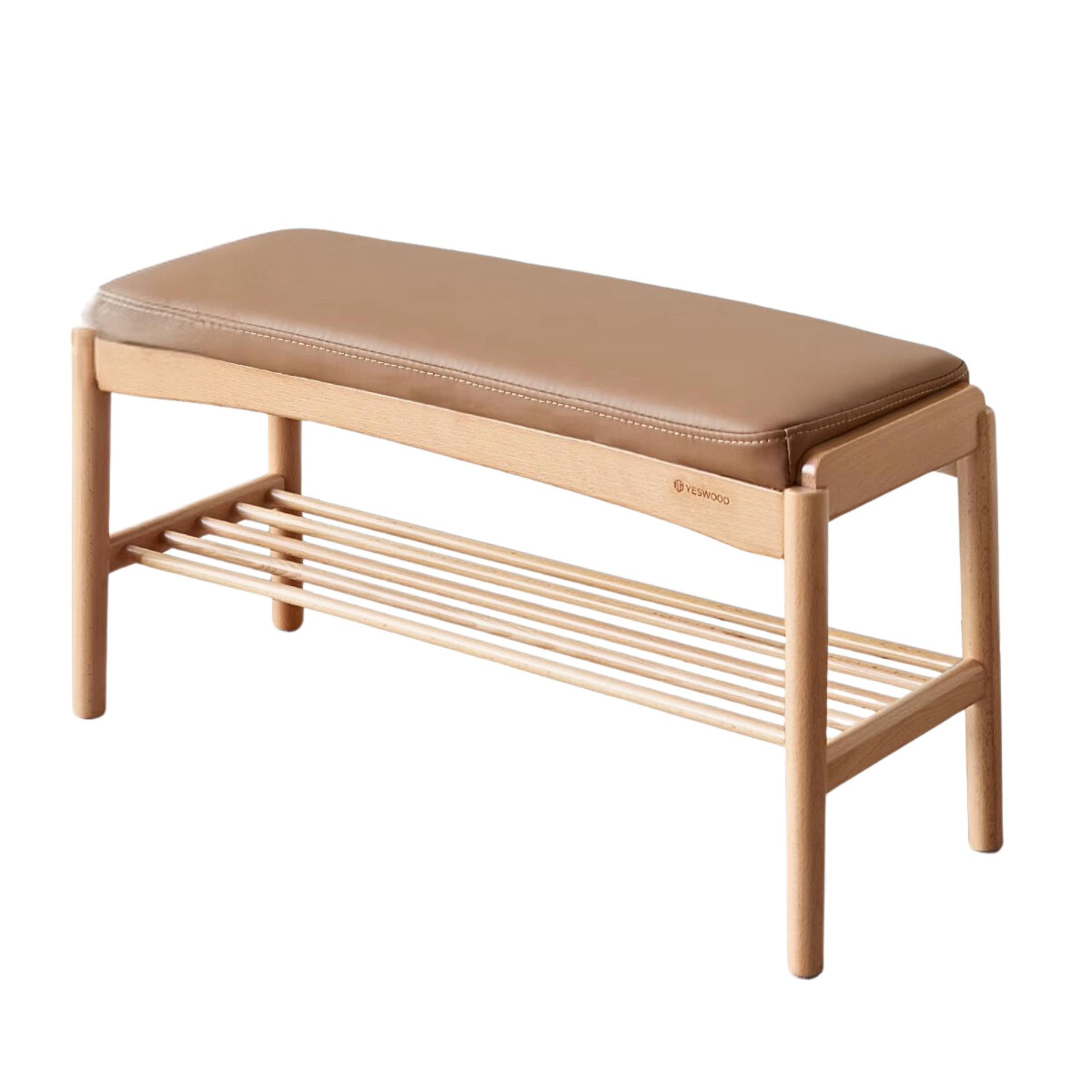 31x12x16 inch/ 80x30x42cm/ Natural wood color/ Beech bench Organic Leather-Milk Tea Brown