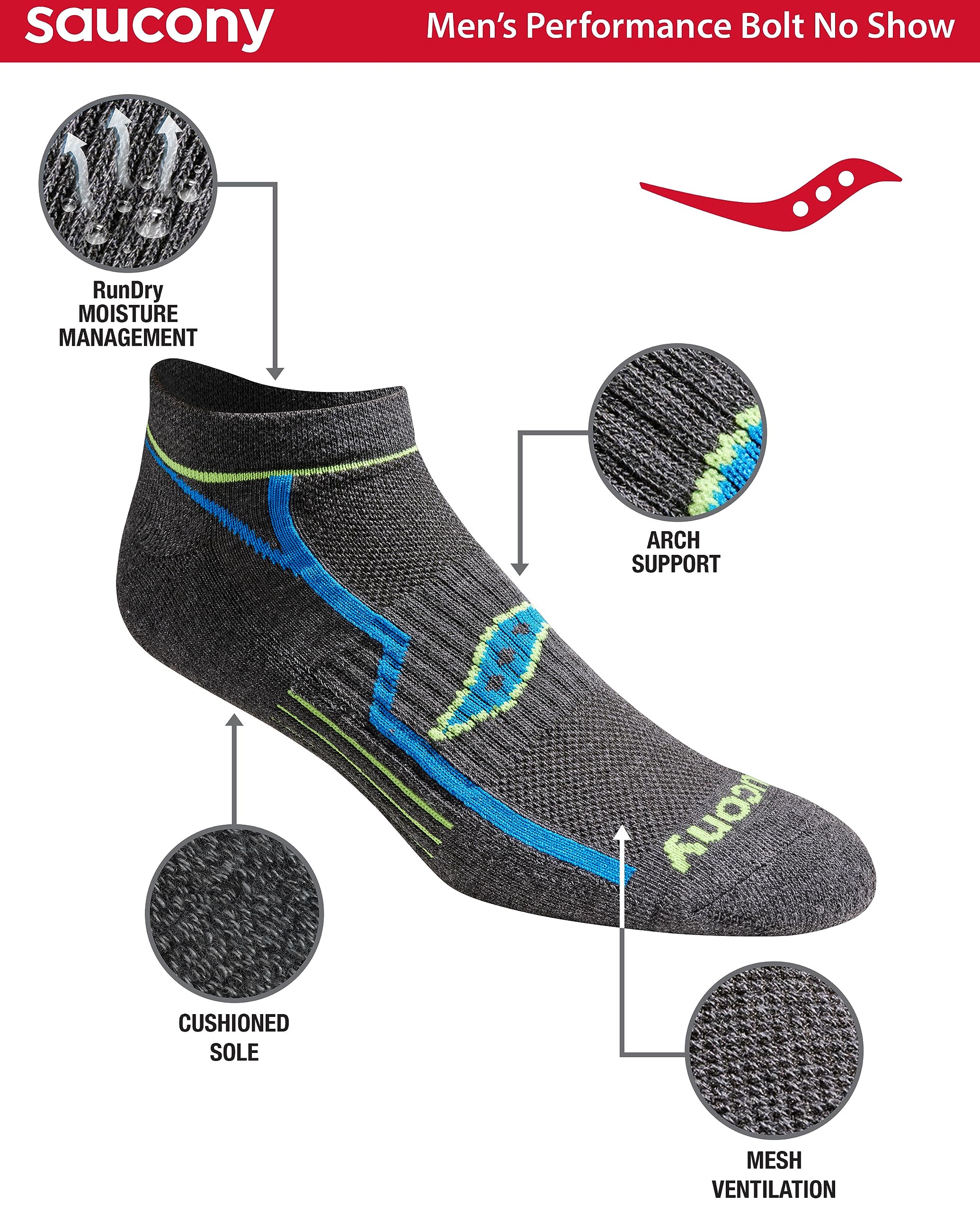 Saucony Men's Running Socks - Moisture Wicking No-Show Athletic Socks for Jogging & Workouts (6/12/18 Pairs Pack, Sizes M-XXL) - Perfect for Marathon Training & Gym Sessions