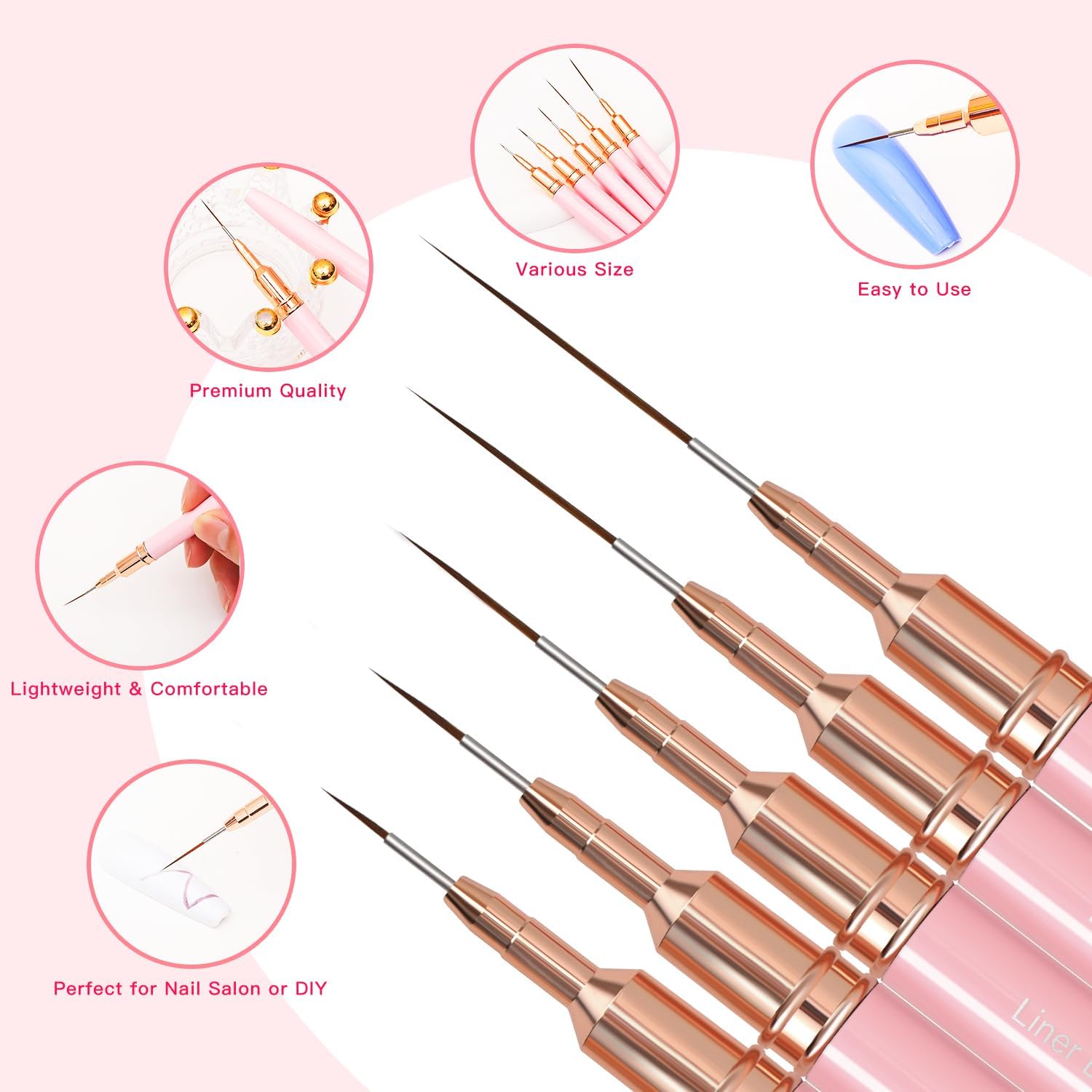 5PC Professional Nail Art Liner Brush Set - Ultra Thin Detailing Brushes for Gel Polish & Acrylic Nails (4/8/12/20/25mm, Pink Metal Handle) - Perfect for Salon, Home Manicures & Creative Nail Designs