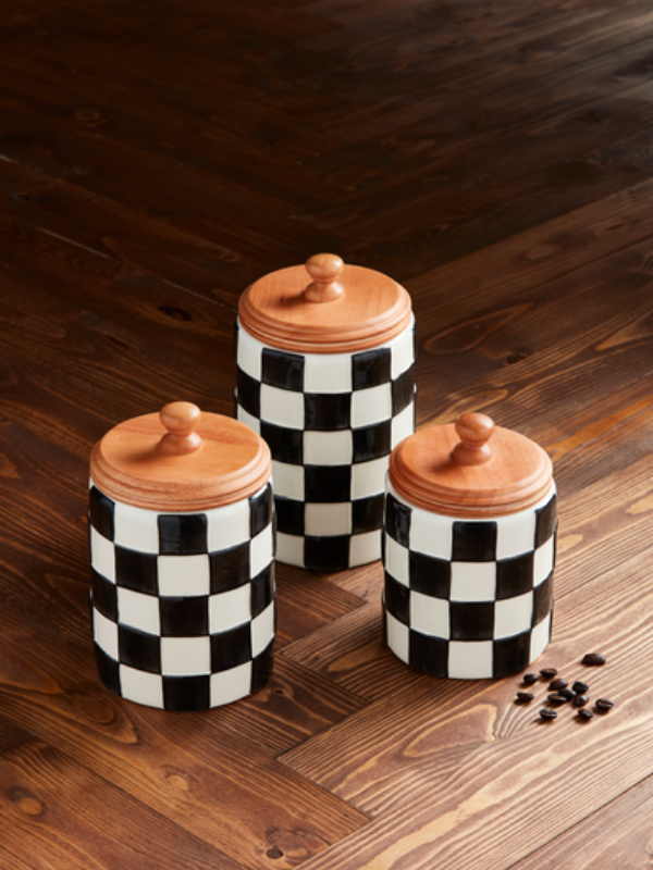 Vintage Checkered Ceramic Canister Set for Kitchen Storage - Airtight Food Containers for Flour, Sugar, Coffee & Dry Goods - Perfect for Farmhouse, Rustic & Country Style Home Decor