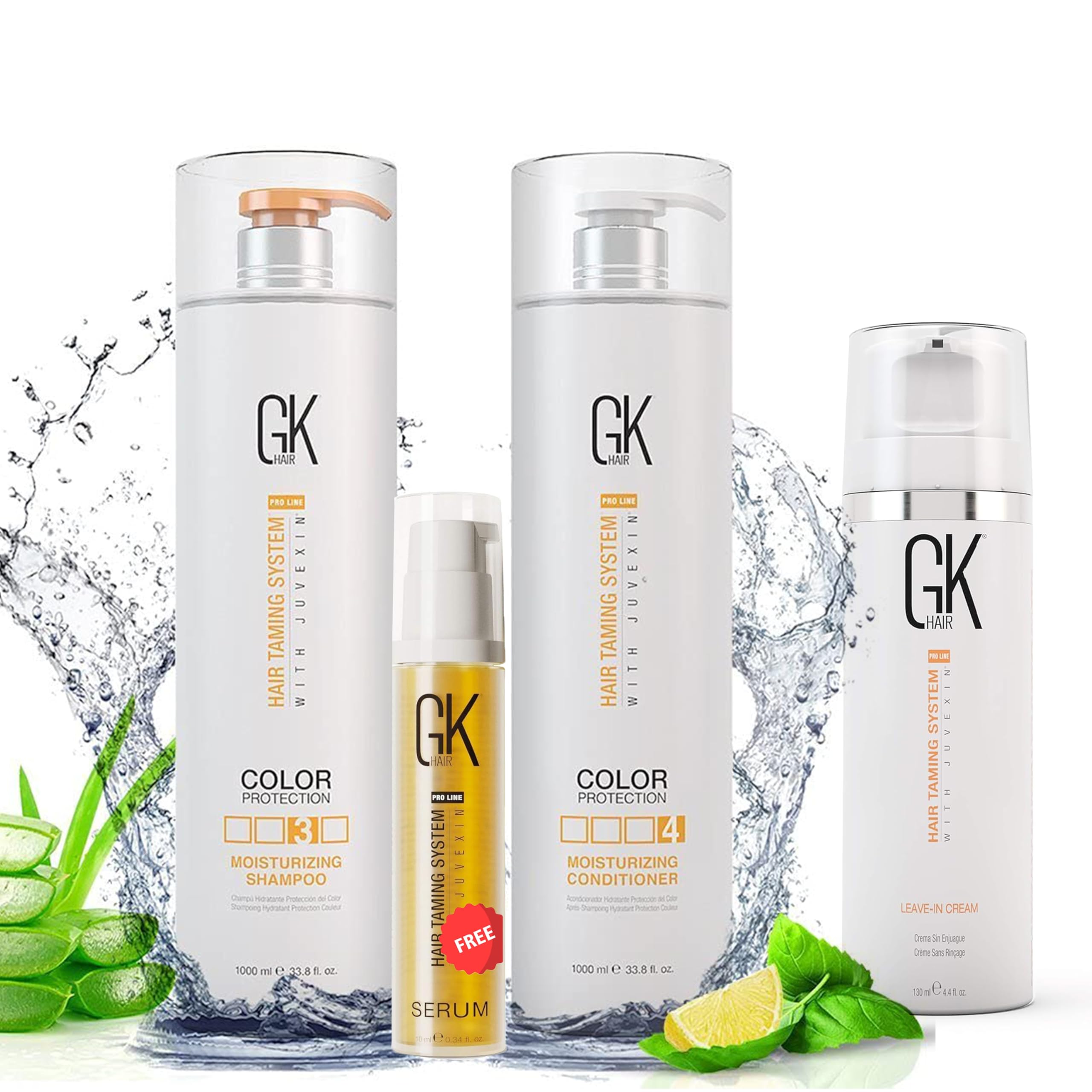 GK HAIR Moisturizing Shampoo & Conditioner Set (300ml) with Leave-In Conditioner Cream (130ml) & Argan Oil Smoothing Serum (10ml) - Hydrating Hair Care Kit for Dry, Damaged Hair - Perfect for Daily Use & Salon-Quality Results at Home