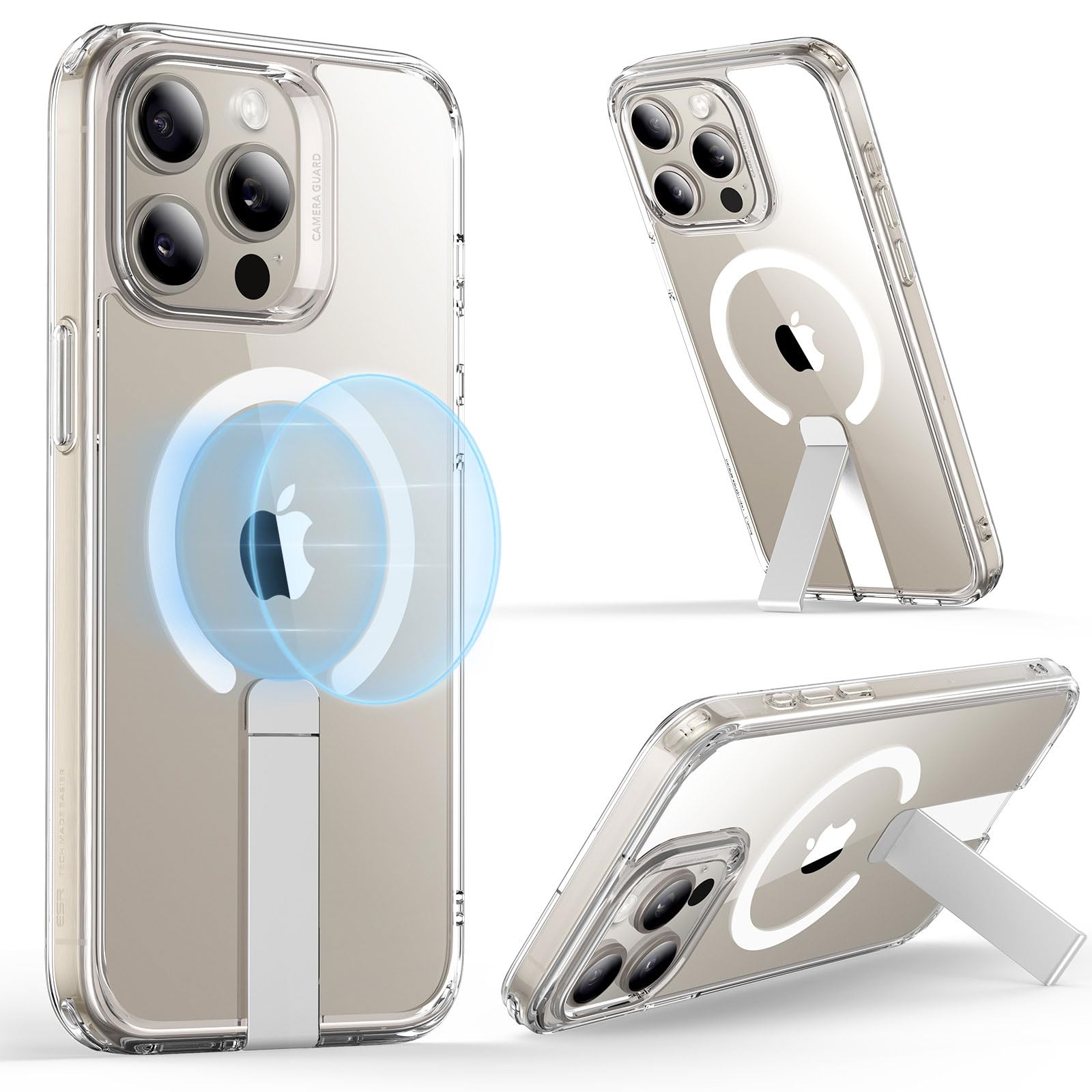 ESR for iPhone 15 Pro Max Case with Adjustable Flickstand | Military-Grade Drop Protection | MagSafe Compatible | Slim Clear Back Cover with Kickstand | Perfect for Work, Travel & Everyday Protection