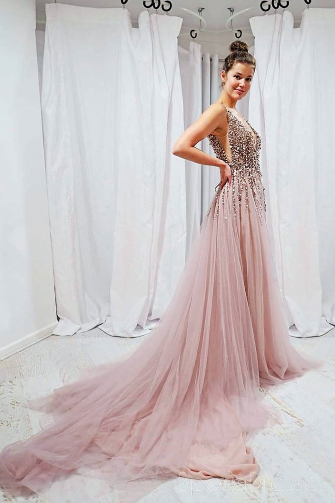 Elegant Grey Pink Beaded A-Line Long Evening Prom Dress for Women - Perfect for Formal Parties, Homecoming, and Special Occasions