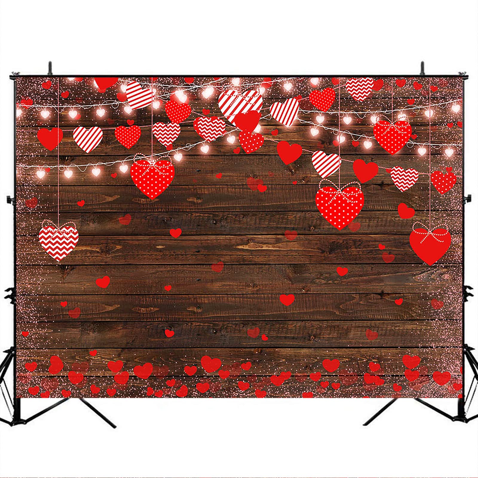Valentine's Day Photography Backdrop - Rustic Wood with Glitter Lights & Red Hearts for Wedding, Bridal Shower, Birthday Party Decor - 8x6ft Photo Studio Props - Perfect for Romantic Events & Social Media Photos