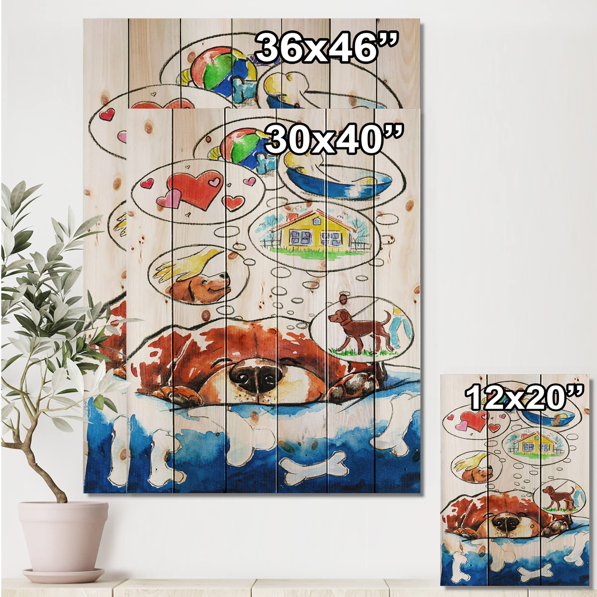 DesignQ Dog Dreams Wood Wall Art for Kids - Brown Animal-Themed Pine Wood Wall Decor Panels - Perfect for Nursery, Playroom & Children's Bedroom Decor