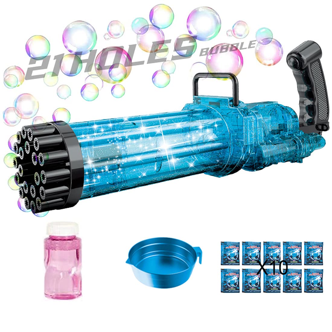 Upgraded Large Automatic Bubble Machine with LED Lights - 21-Hole Bubble Blower Gun for Kids Outdoor Play, Birthday Parties, and Backyard Fun (Blue)