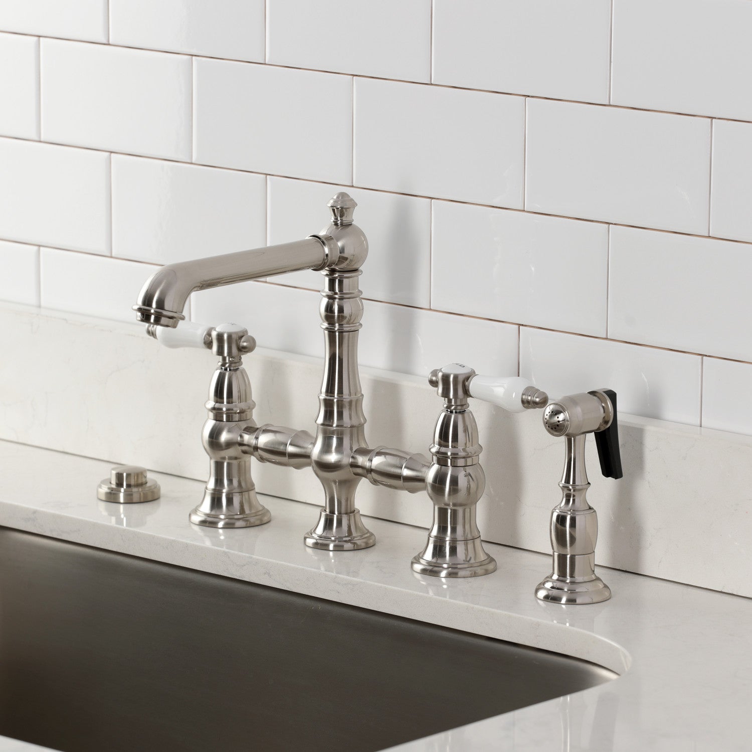 Bel Air KS7278BPLBS Two Handle 4 Hole Deck Mount Bridge Kitchen Faucet with Brass Side Sprayer - Brushed Nickel Finish for Modern Farmhouse & Industrial Style Kitchens