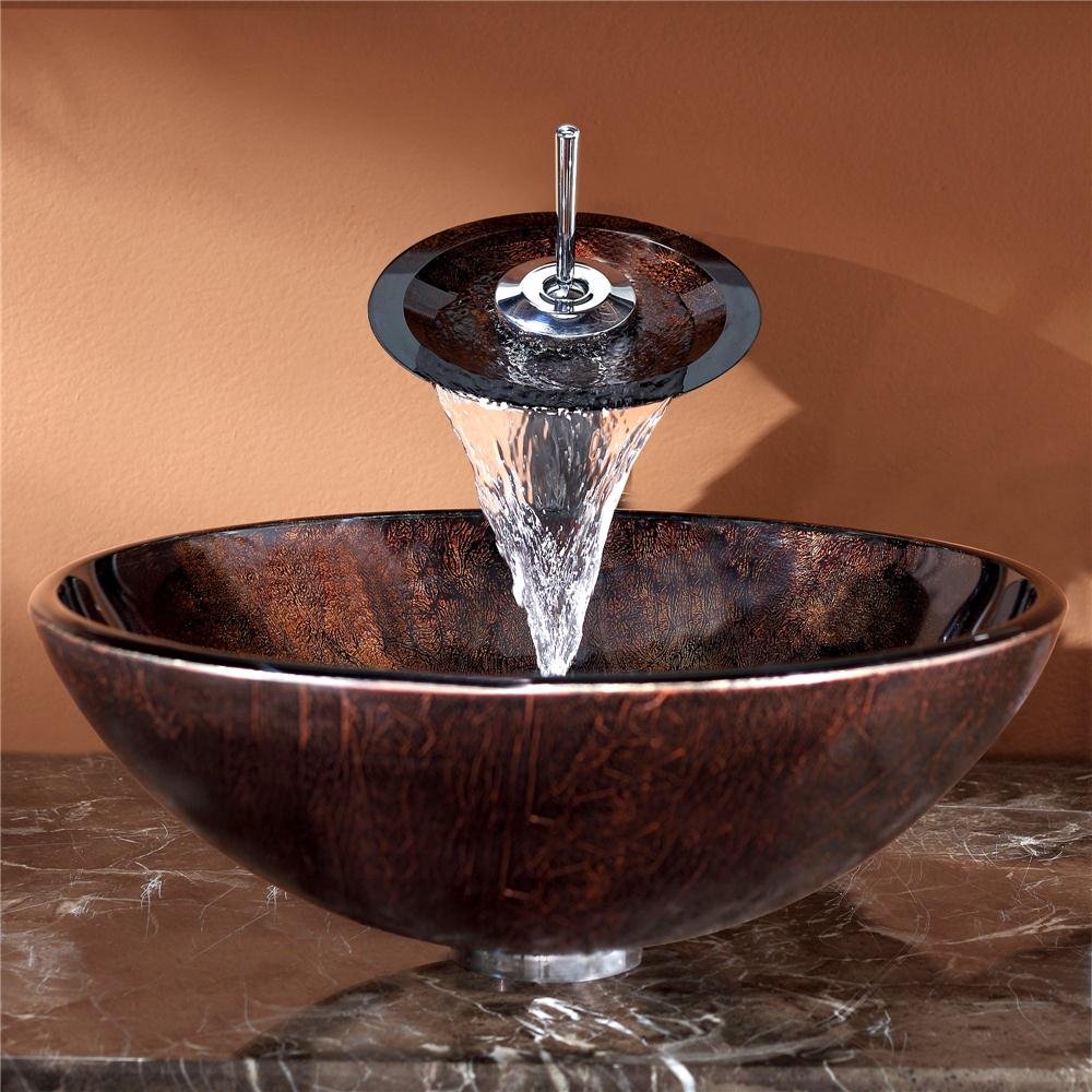 KRAUS Pluto Glass Vessel Bathroom Sink in Rich Brown with Chrome Waterfall Faucet - Modern Vanity Basin for Powder Room, Guest Bath, or Spa-Like Master Bath Retreat