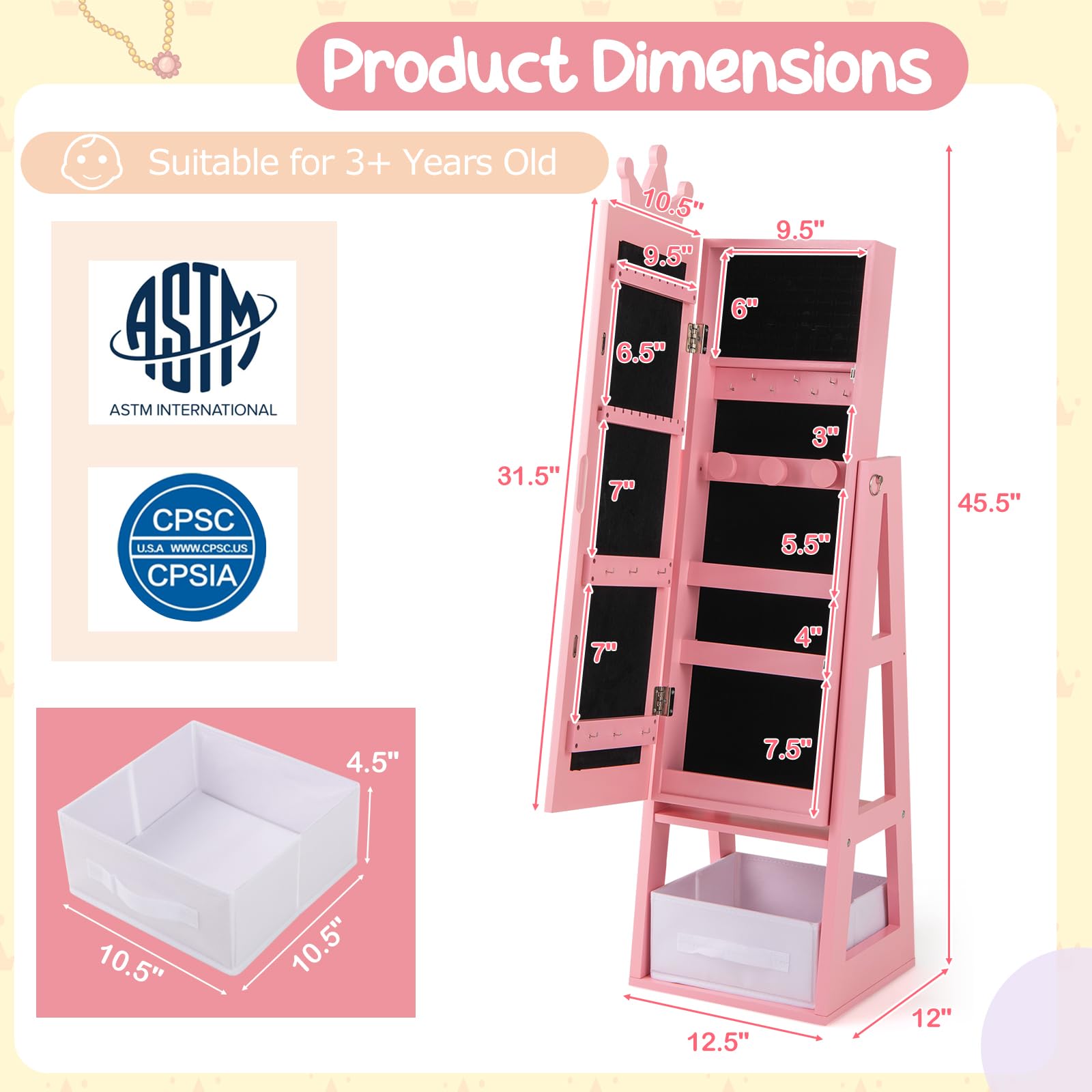 Costzon Kids Jewelry Armoire with Full-Length Mirror - 45.5