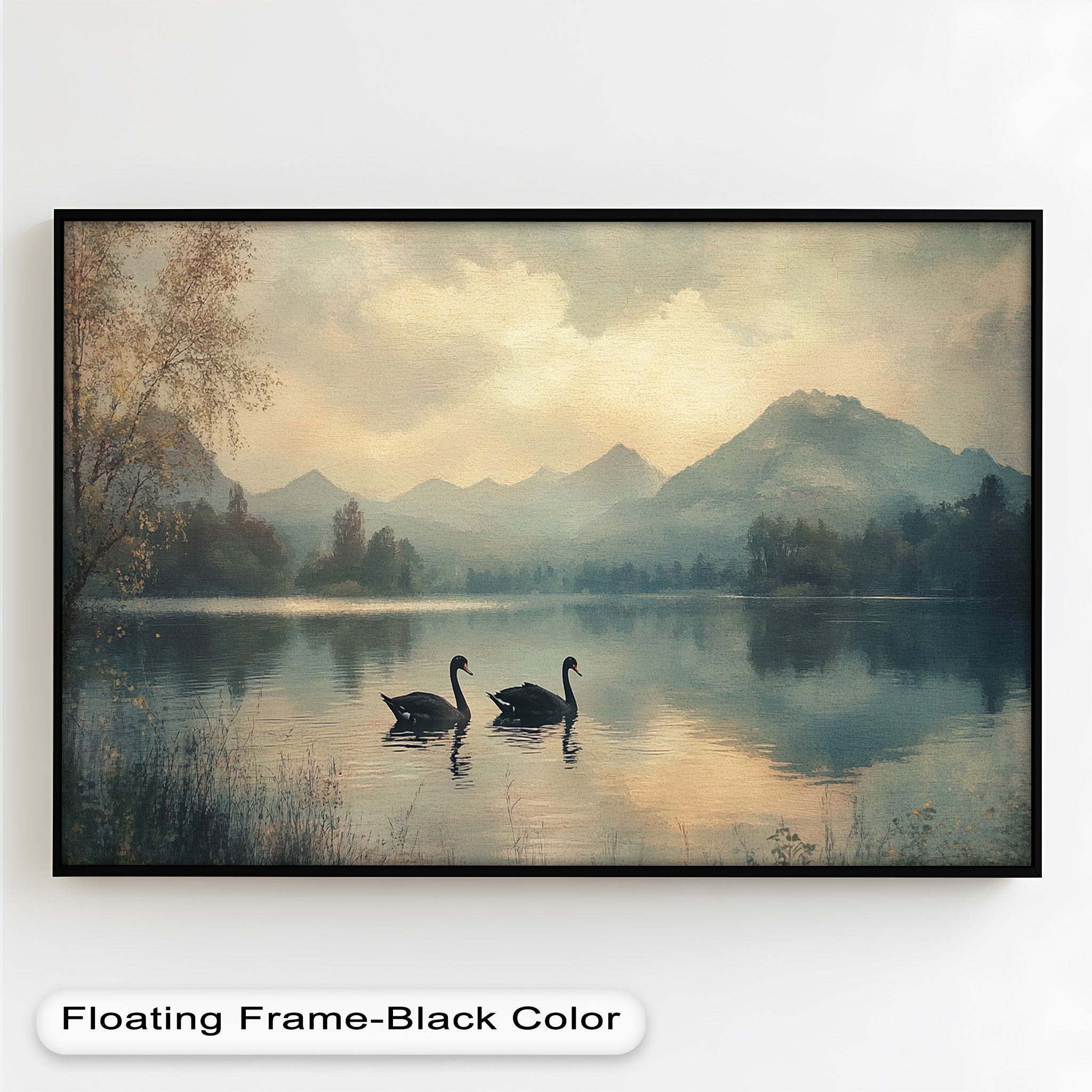 Black Swans on a Mountain Lake - Modern Oil Painting Wall Art for Living Room, Bedroom & Office Decor | Handmade Canvas Artwork | Nature Inspired Home Decoration