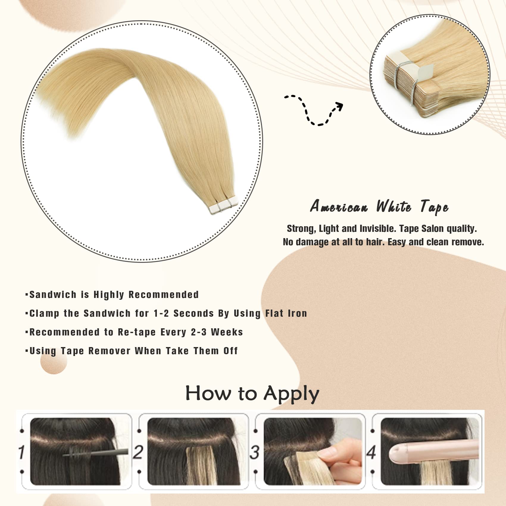 Premium 22Inch Tape-in Human Hair Extensions – Bleached Blonde 613# (50g/set 20pcs) | Seamless, Straight, Soft, No Tangling & No Shedding | Strong Adhesive for Long-Lasting Wear | Perfect for Daily Styling, Parties & Special Occasions