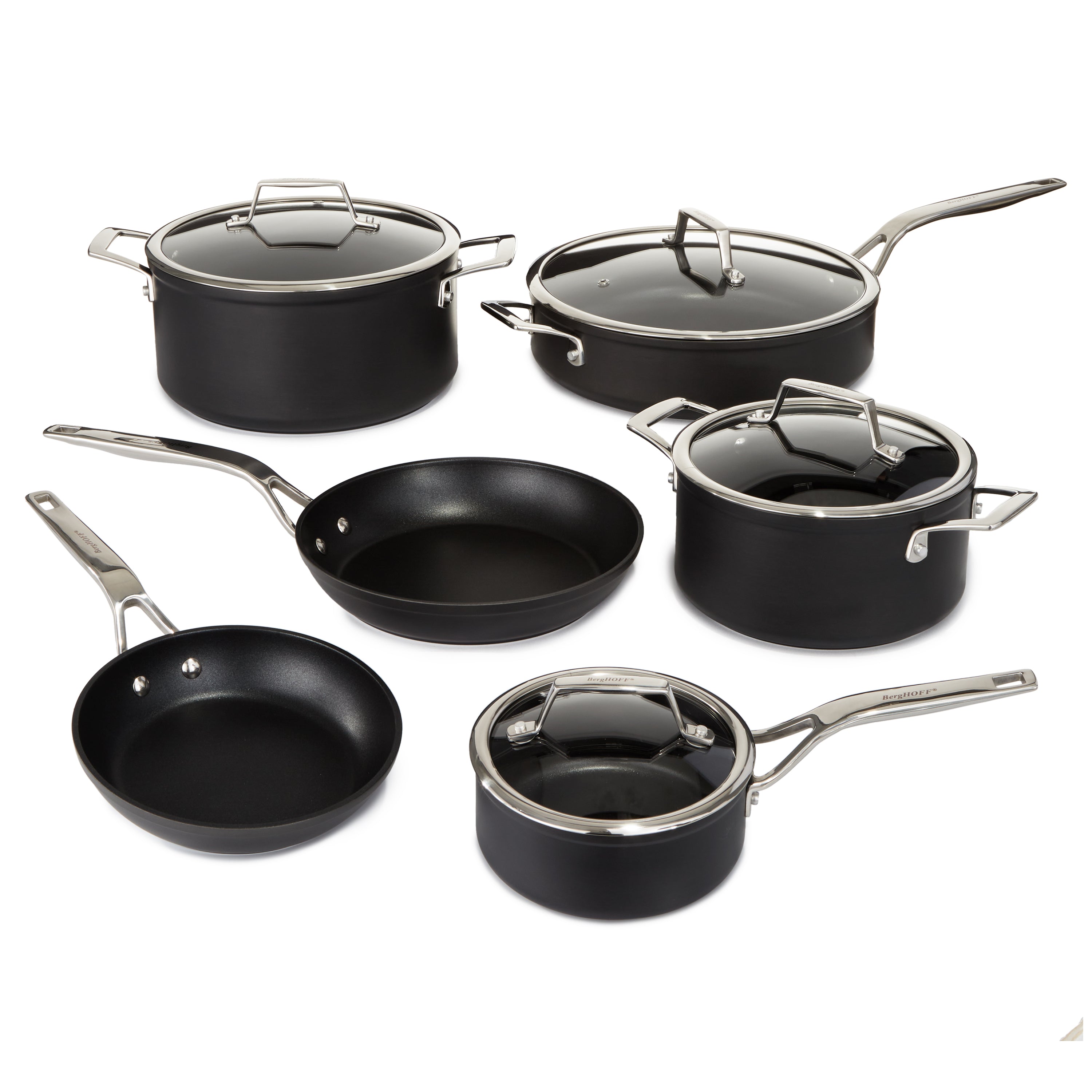 BergHOFF Essentials 10-Piece Nonstick Hard Anodized Cookware Set with Glass Lid - Black | Durable Kitchen Pots & Pans for Frying, Boiling & Cooking | Perfect for Home Chefs & Professional Kitchens