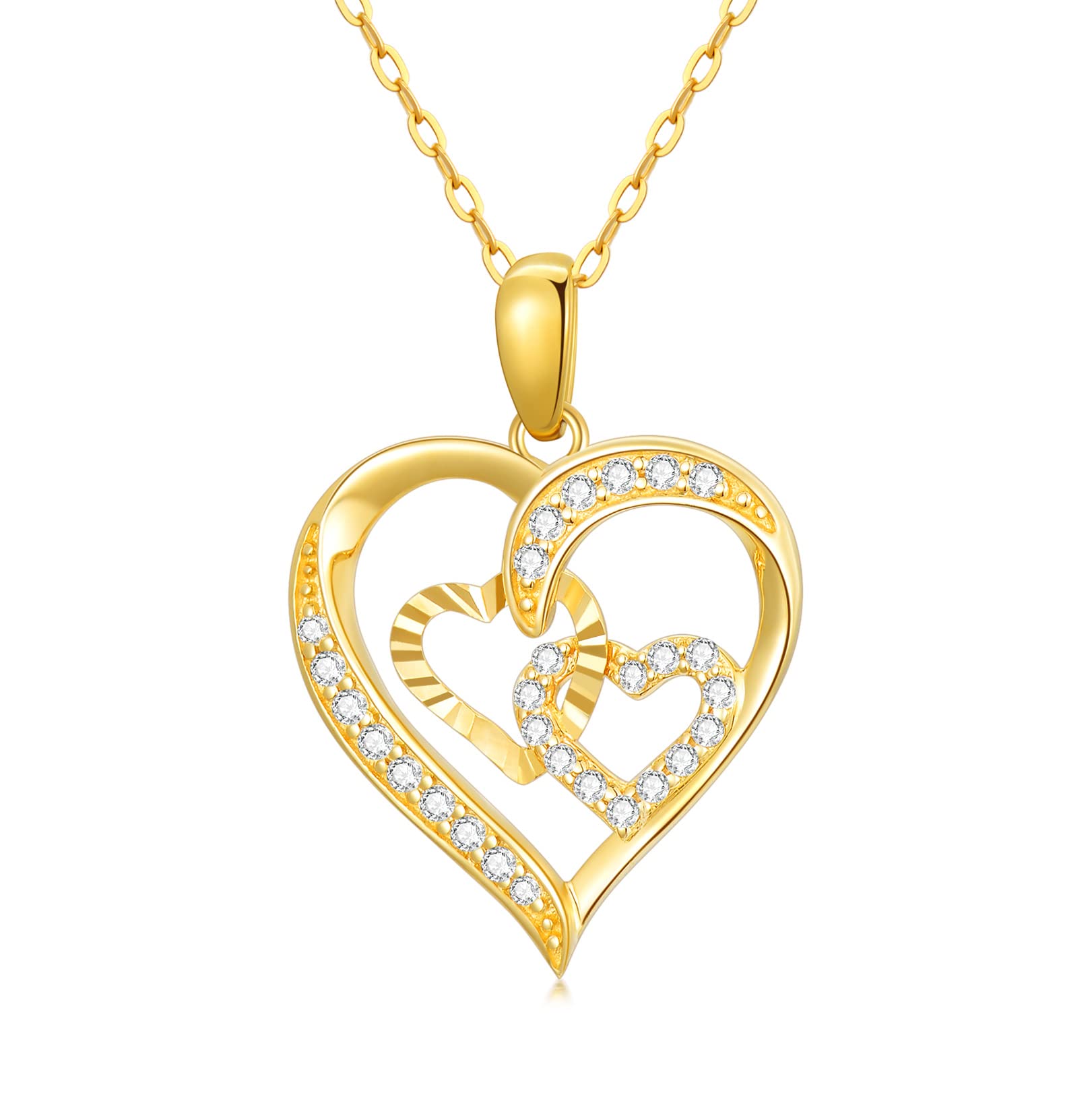 14K Real Gold Heart Necklace for Women - Yellow Gold Love Pendant with Triple Hearts, Anniversary & Birthday Gift (16+1+1 inch) | Elegant Jewelry for Date Night, Wedding & Special Occasions