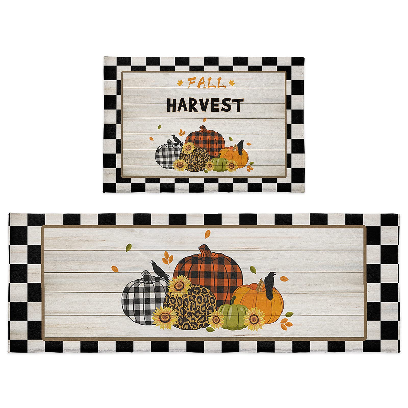 Chucoco 2-Piece Absorbent Kitchen Rug Set - Soft Plush Fall Decor with Pumpkin & Sunflower Design - Non-Slip Floor Mat for Kitchen, Bedroom, Laundry Room - Perfect for Thanksgiving & Autumn Home Decor