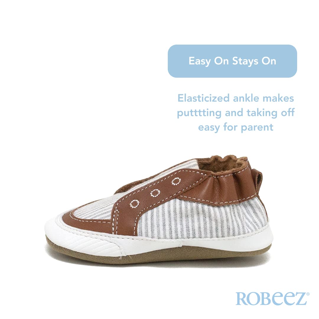 Robeez Soft Sole Baby Shoes for Boys & Girls - Non-Slip Crib Slippers for Infants 0-6 Months (Stylish Steve Grey Seersucker) - Perfect for First Steps, Indoor Play & Special Occasions