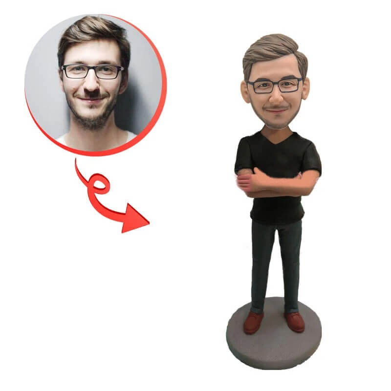 Customized Male Bobblehead with Arms Crossed - Personalized Figurine for Office Desk, Gag Gift & Sports Fan Collectible