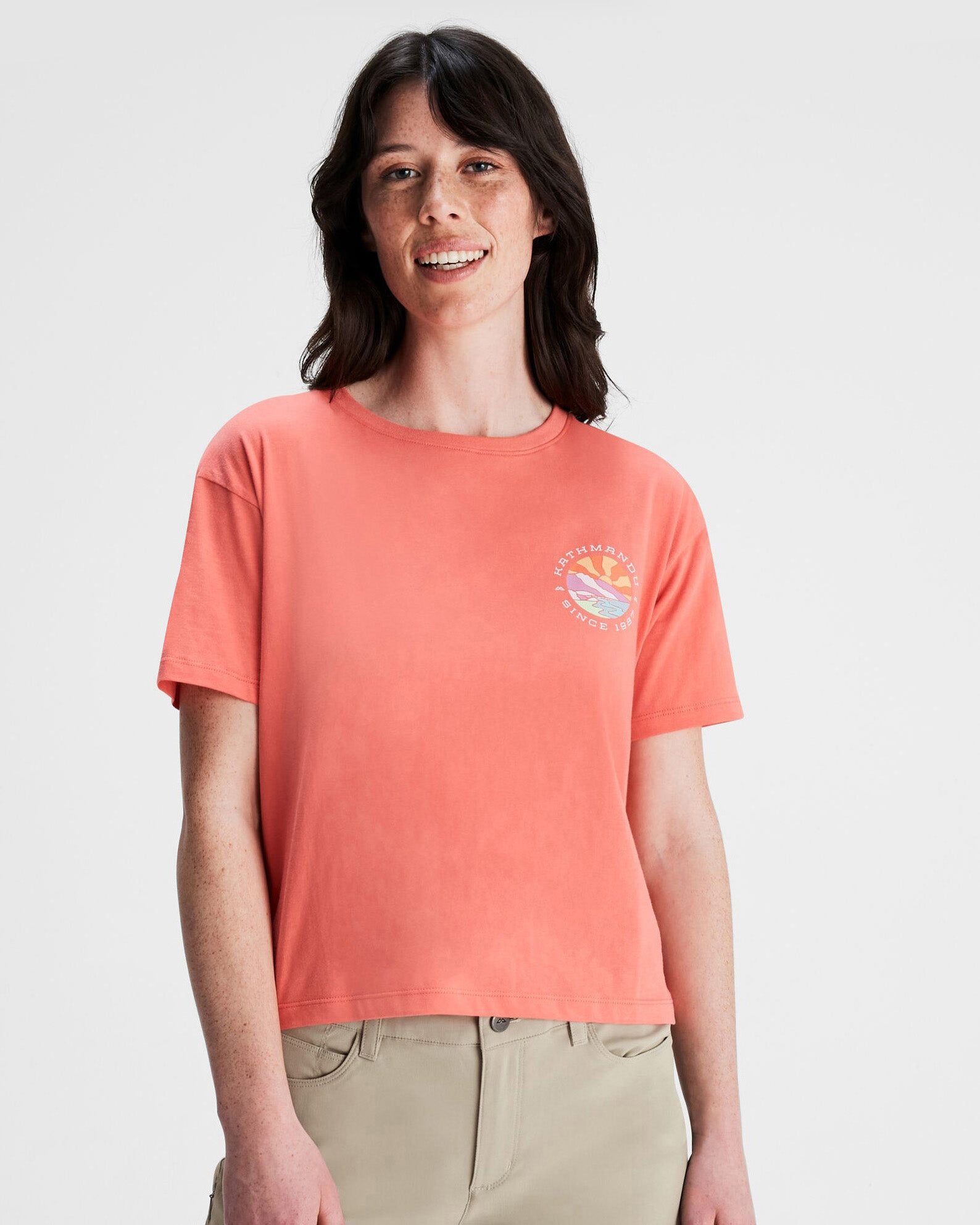Women's Kathmandu Logo Sunburst Organic Cotton T-Shirt - Eco-Friendly Casual Tee for Outdoor Adventures & Everyday Wear