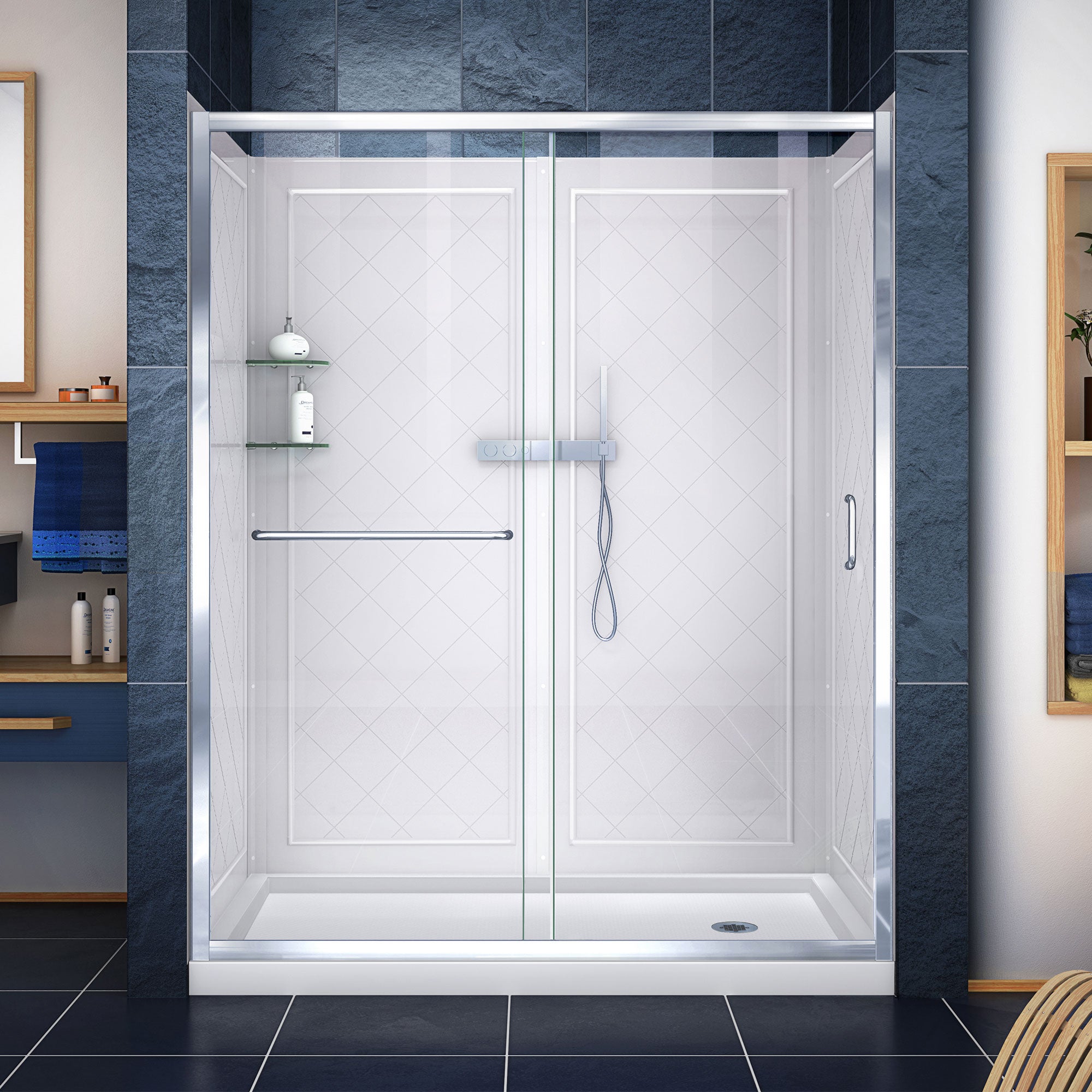 DreamLine Infinity Z 32x60x76.75 Inch Semi-Frameless Sliding Shower Door with Clear Glass - Includes Shower Base & QWALL 5 Backwall Kit - Perfect for Modern Bathroom Renovations and Spa-Like Shower Experiences
