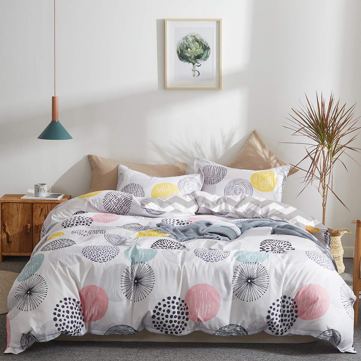 3 Piece Twin Duvet Cover Set - 1 Summer Comforter Cover & 2 Pillow Shams with Zipper Closure & Corner Ties | 800 Thread Count Soft Cotton | Pink Gray Yellow Polka Dot Design | Perfect for Teen Girls' Bedroom Decor & Dorm Room Essentials