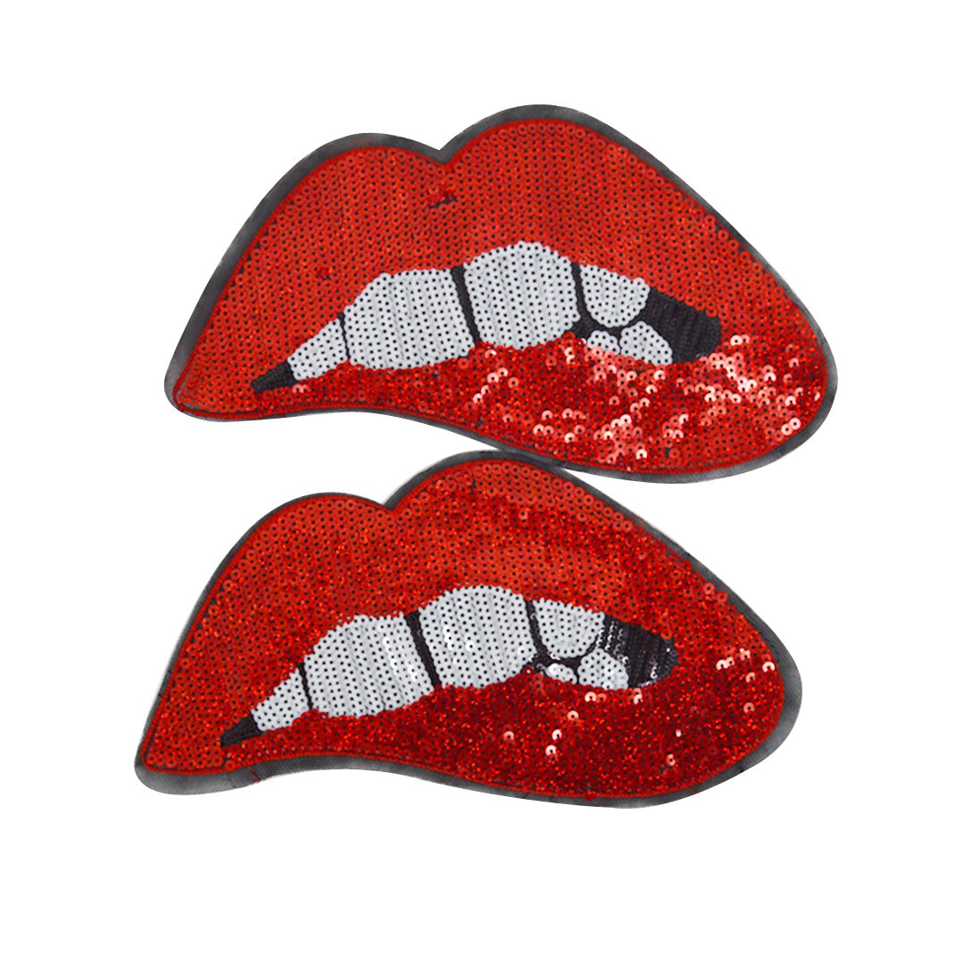 2 Pcs Large Red Lips Sequin & Embroidery Iron-On Patches for DIY Clothing, Bags, Hats - Perfect for Costume Parties, Fashion DIY, and Unique Outfit Customization