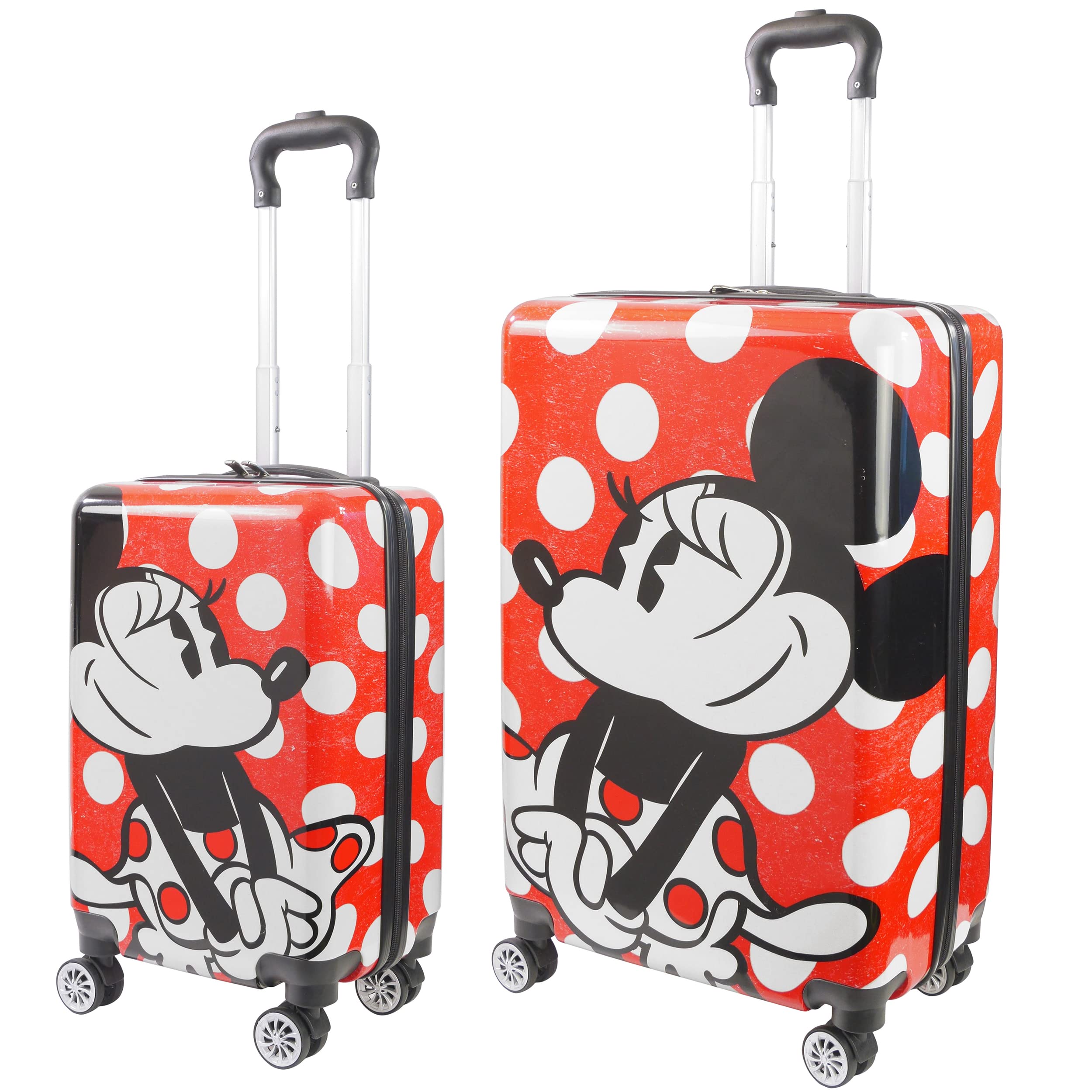 Disney Minnie Mouse Hardshell Rolling Luggage Set - 2-Piece Polka Dot Red Suitcase with Wheels for Women & Kids Travel, Vacation, and Airplane Carry-On