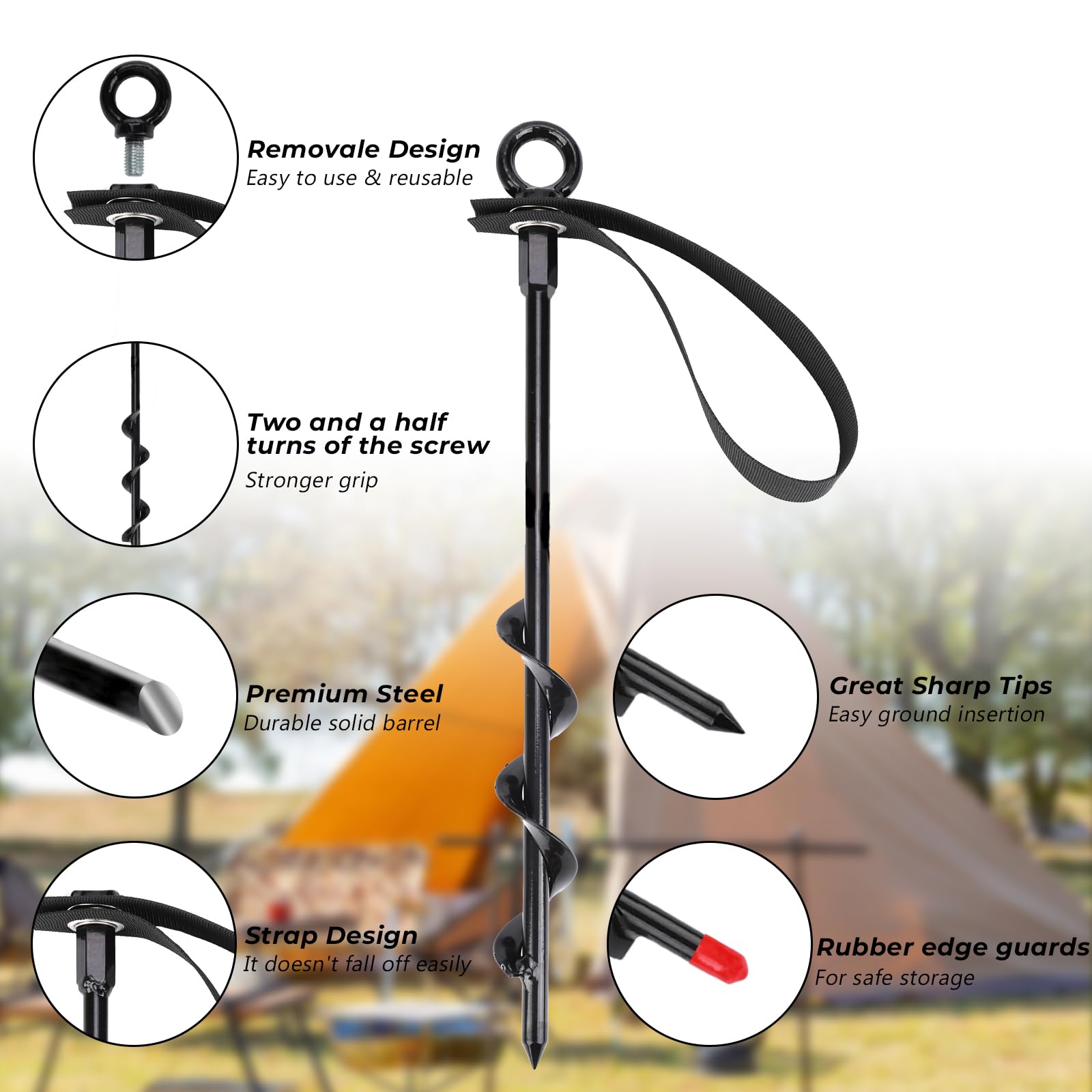 Heavy Duty Screw-In Ground Anchors for Trampolines, Canopies, Carports & Sheds - Wind Resistant with Straps & Ropes (14in, 4/8 Pack) - Perfect for Outdoor Stability in High Winds & Storms