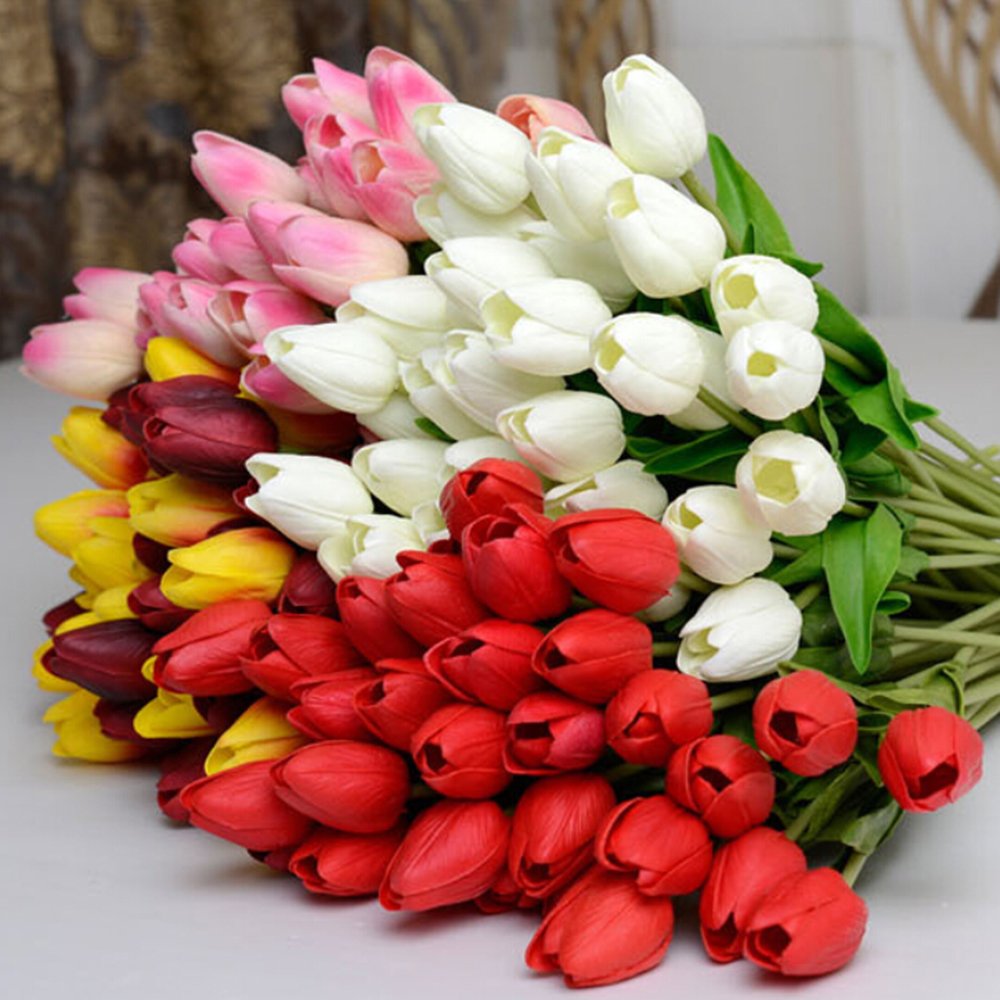 10pcs Classic Artificial Silk Flowers - Hot Pink Tulips for Wedding, Bridesmaid Bouquet, Home & Office Decor (Pink) | Perfect for Centerpieces, Table Arrangements & DIY Floral Projects
