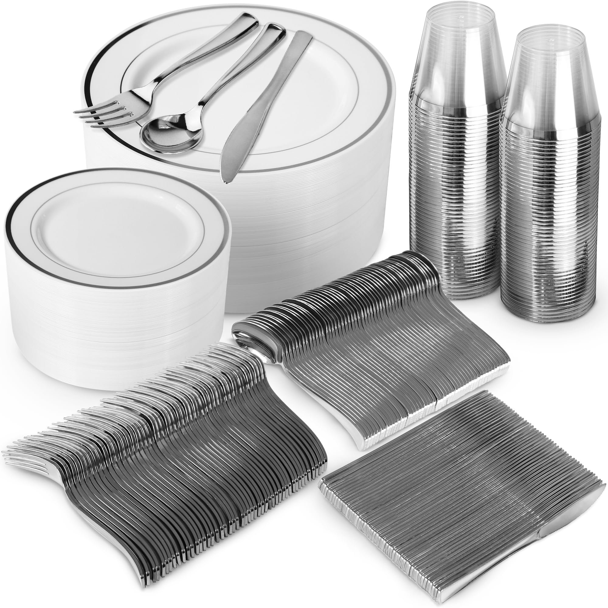 Premium 600-Piece Silver Dinnerware Set - 200 White & Silver Plastic Plates, 300 Silver Plastic Cutlery, 100 Silver Plastic Cups - Elegant Disposable Tableware for Weddings, Parties & Events (Serves 100 Guests) - Perfect for Bridal Showers, Banquets & Catering Services
