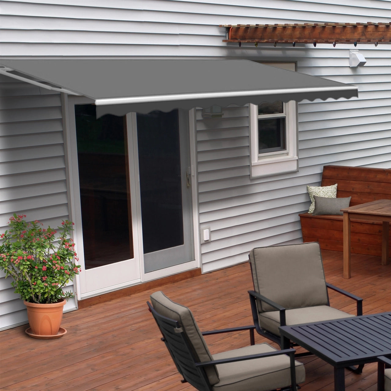 Aleko 10x8 Feet Motorized Retractable Patio Awning - White Frame with Gray Fabric for Outdoor Shade & Sun Protection - Perfect for Backyard, Deck, and Poolside Relaxation