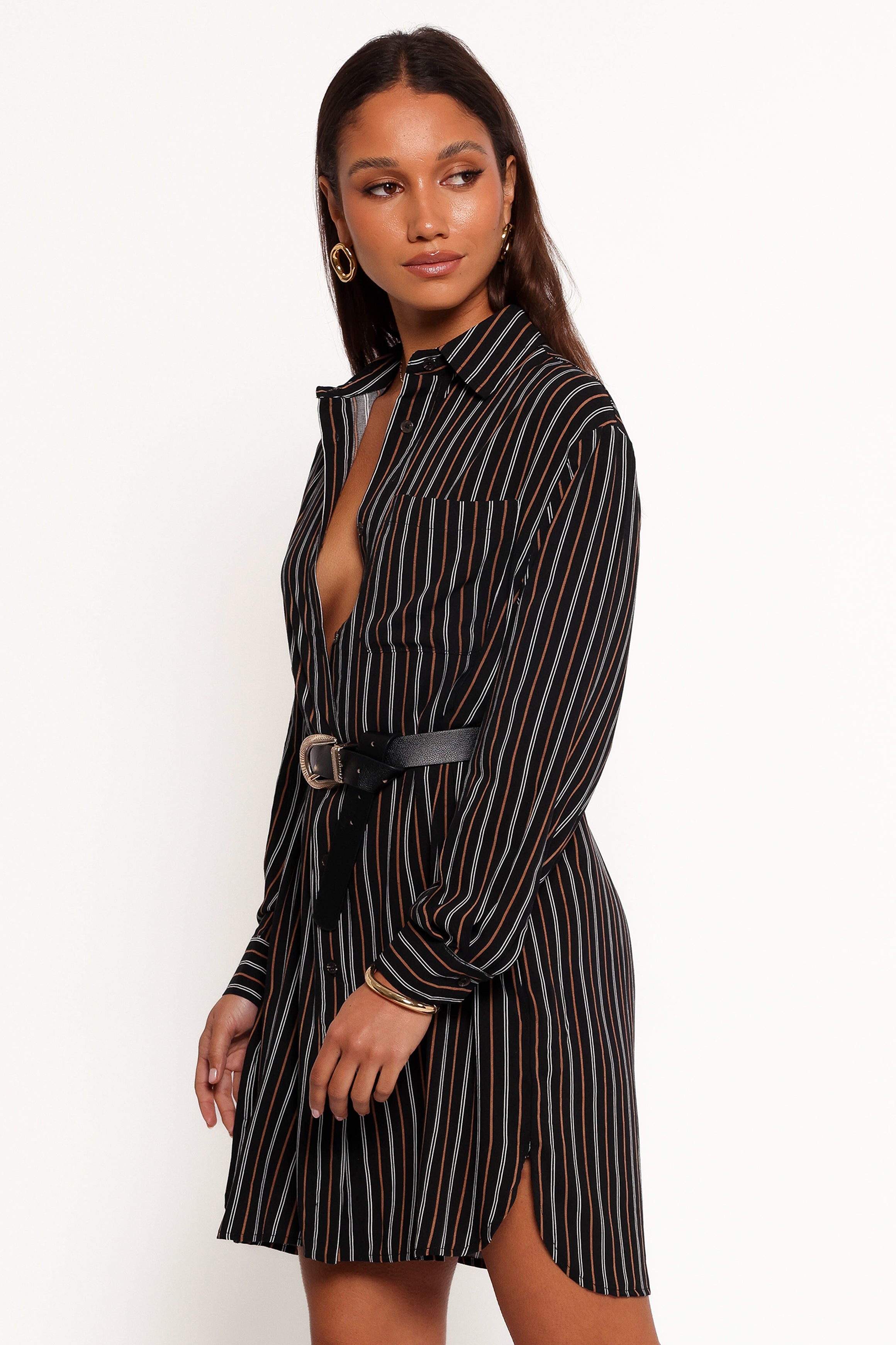 Elsa Shirt for Women - Black & Camel Color Block Long Sleeve Tops | Casual Office Wear, Date Night Outfit, Fall Winter Fashion