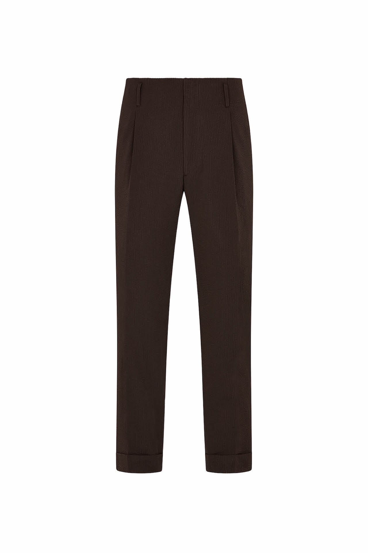 Brown Cotton Seersucker Hollywood Trousers - Comfortable High Waist Wide Leg Pants for Women | Perfect for Casual Wear, Office & Summer Outfits