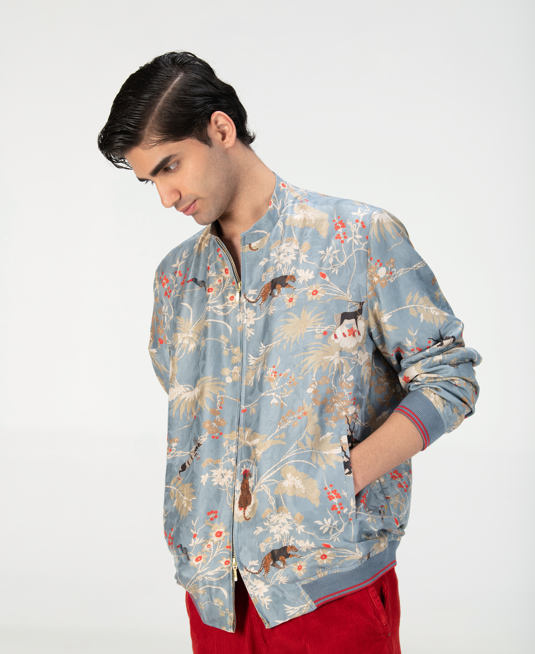 Janbaaz Men's Bomber Jacket - Premium Silk Damask Design with Monsoon Cloud Pattern | Stylish Outerwear for Casual Wear, Street Fashion & Night Out