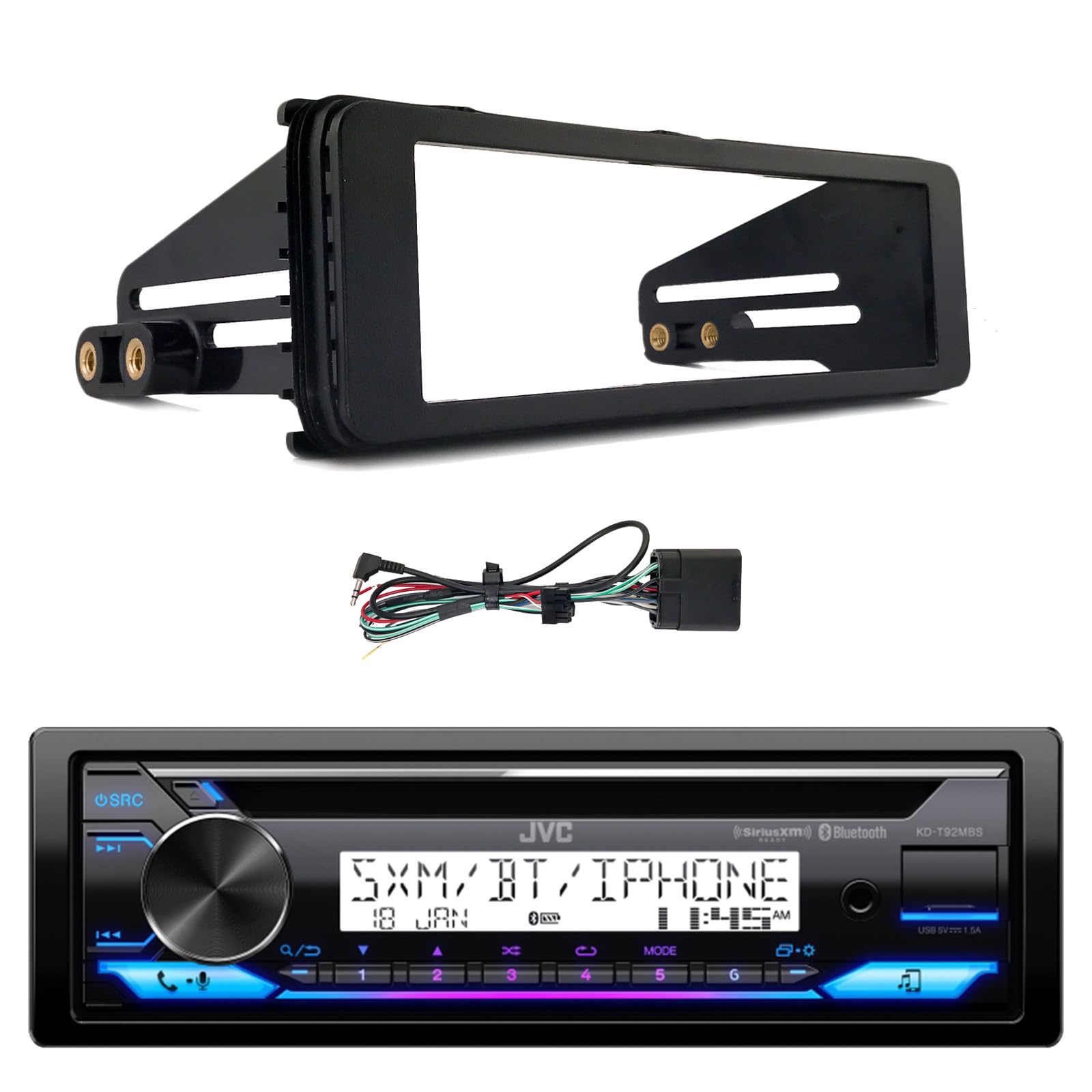 JVC KD-T92MBS Single DIN Marine Stereo - USB, Bluetooth, CD Player & AM/FM Radio Receiver with Installation Kit | Compatible with 1998-2013 Harley Davidson Motorcycles | Perfect for Boats, Motorcycles & Off-Road Vehicles