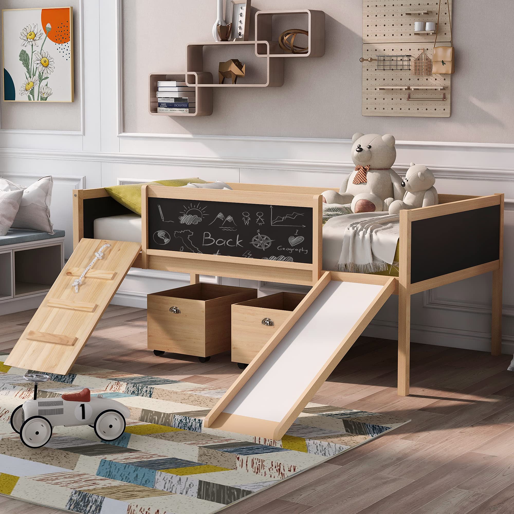 Merax Wooden Loft Bed with Storage, Climbing Ladder & Slide - Kids Play & Study Bed with Double-Sided Chalkboard - Space-Saving Twin Bed for Small Rooms - Perfect for Playrooms, Bedrooms & Homeschooling