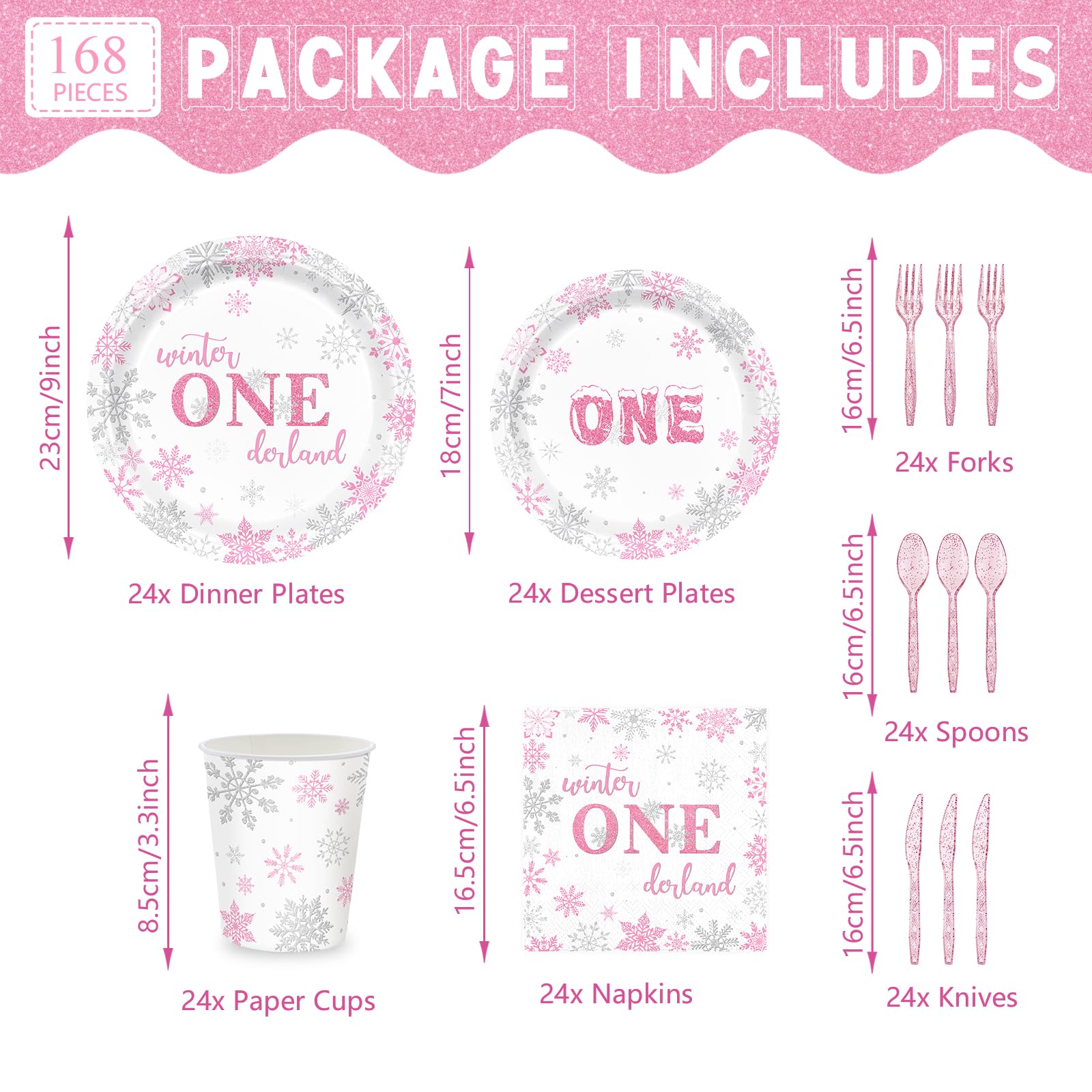 168-Piece Winter Onederland Party Supplies Set - Pink & Silver Snowflake Disposable Tableware (Plates, Napkins, Paper Cups) for 1st Birthday Party - Serves 24 Guests - Perfect for Girls' Birthday Celebrations, Baby Showers & Winter-Themed Events