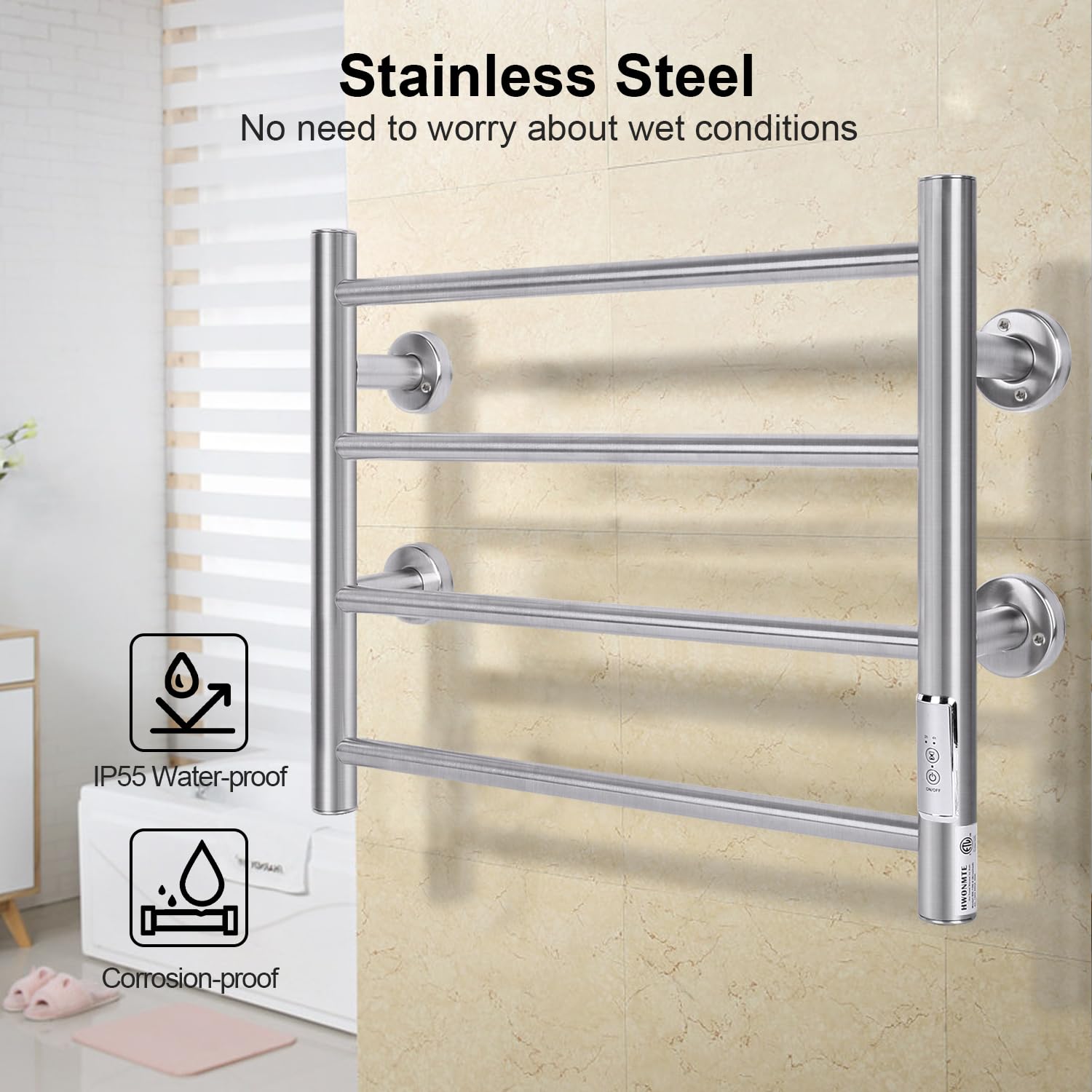 JSLOVE Wall Mounted Heated Towel Rack - Stainless Steel Towel Warmer with Built-in Timer, Plug-in/Hardwired (Silver, 4 Bars) - Perfect for Bathroom, Spa, Gym & Luxury Home Use