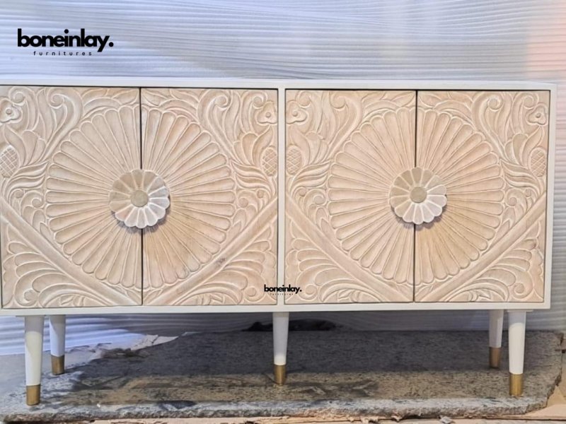 Hand Carved White Two Door Custom Media Console TV Stand - Perfect for Living Room, Bedroom & Home Theater Storage