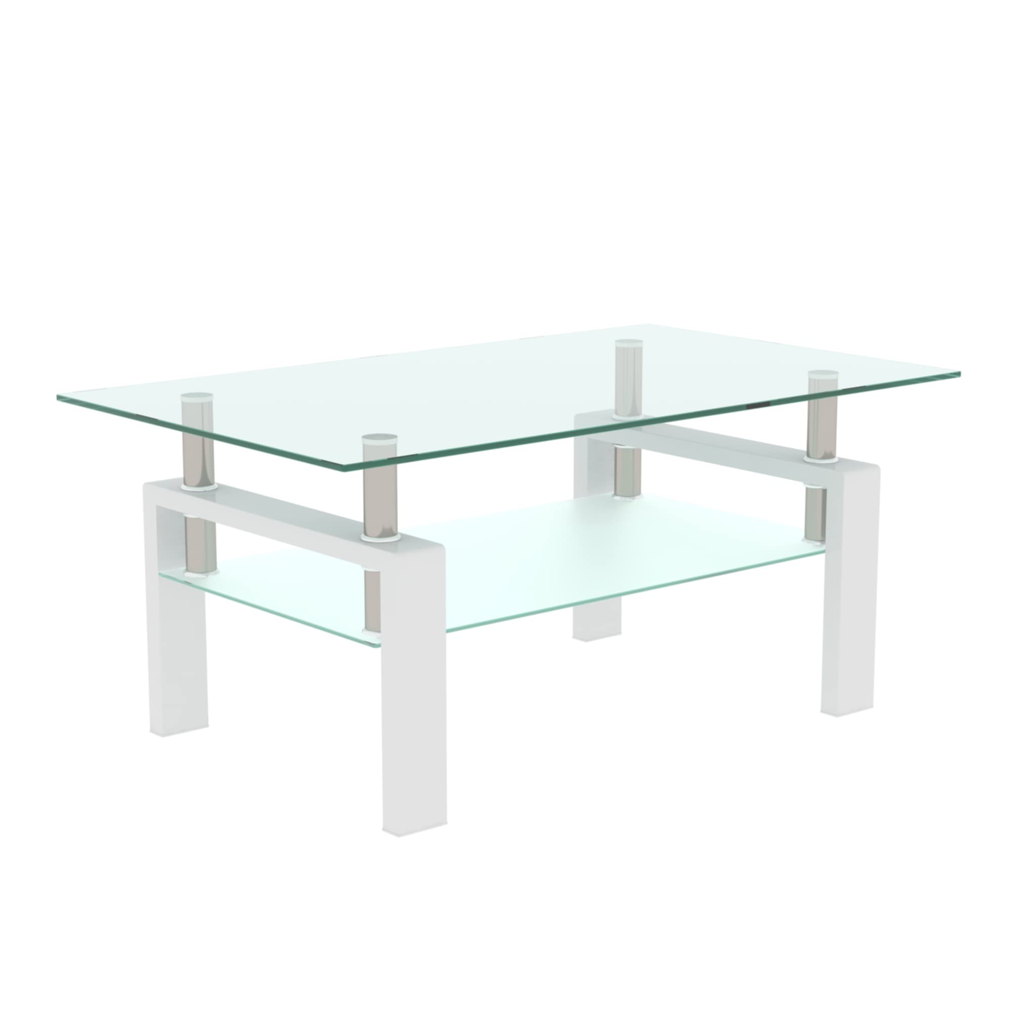 Modern White Glass Rectangle Coffee Table with Lower Shelf & Metal Legs - Stylish Living Room Furniture for Conversation, Leisure & Home Decor