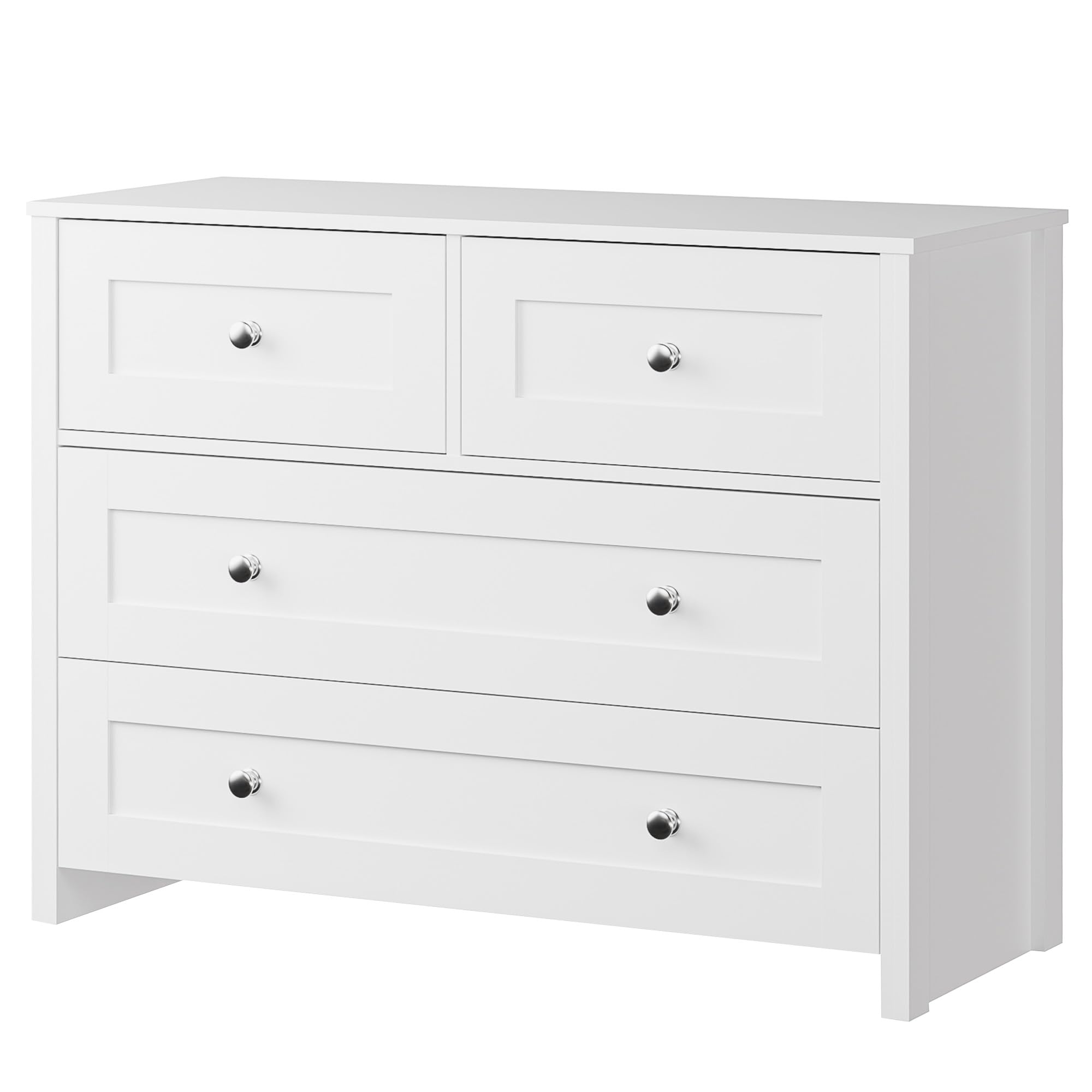 Modern White Dresser with 4 Wide Drawers - Wooden Chest of Drawers for Bedroom, Hallway, Living Room & Closet Organization | Perfect for Home Storage & Bedroom Decor